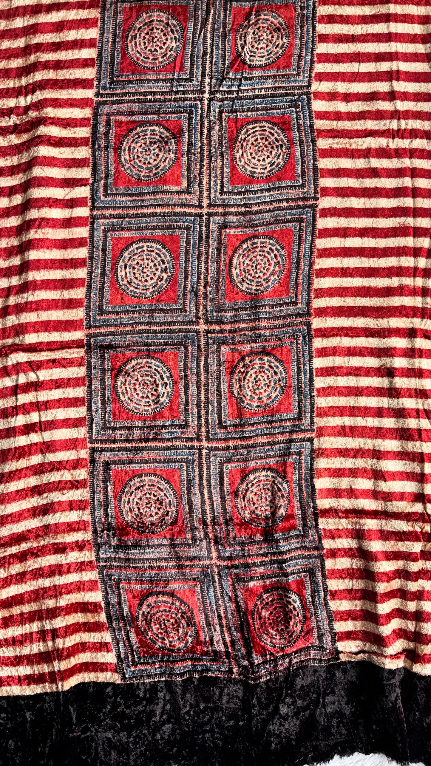 Red Stripes Buta Velvet Fabric Ajrakh Hand Block Print Designer Unstitched Fabric (Kurta Only)