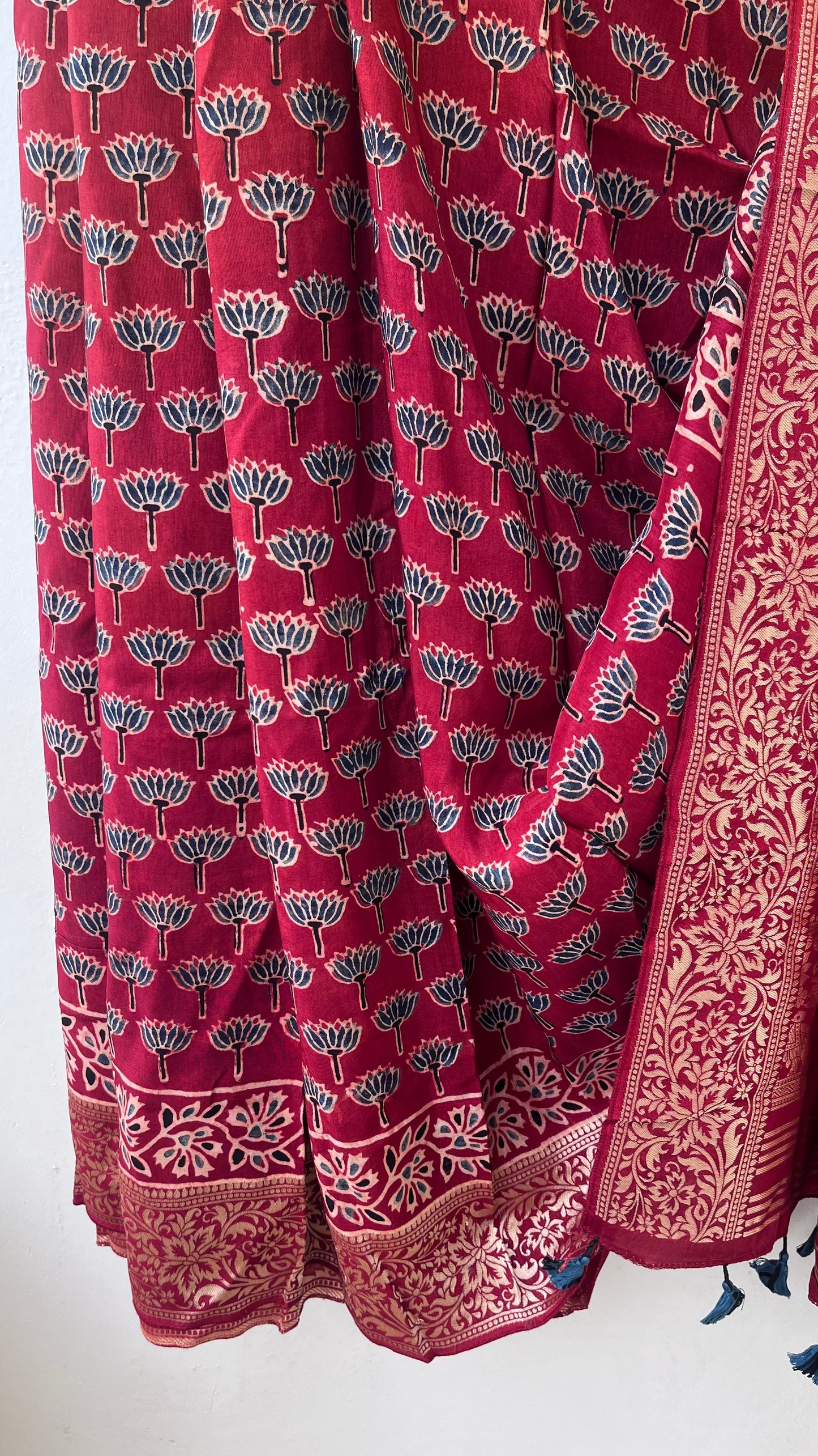 Brick Red Kamal Buta Motif Ajrakh Hand Block Dola Silk Saree with Zari Pallu (With Blouse)