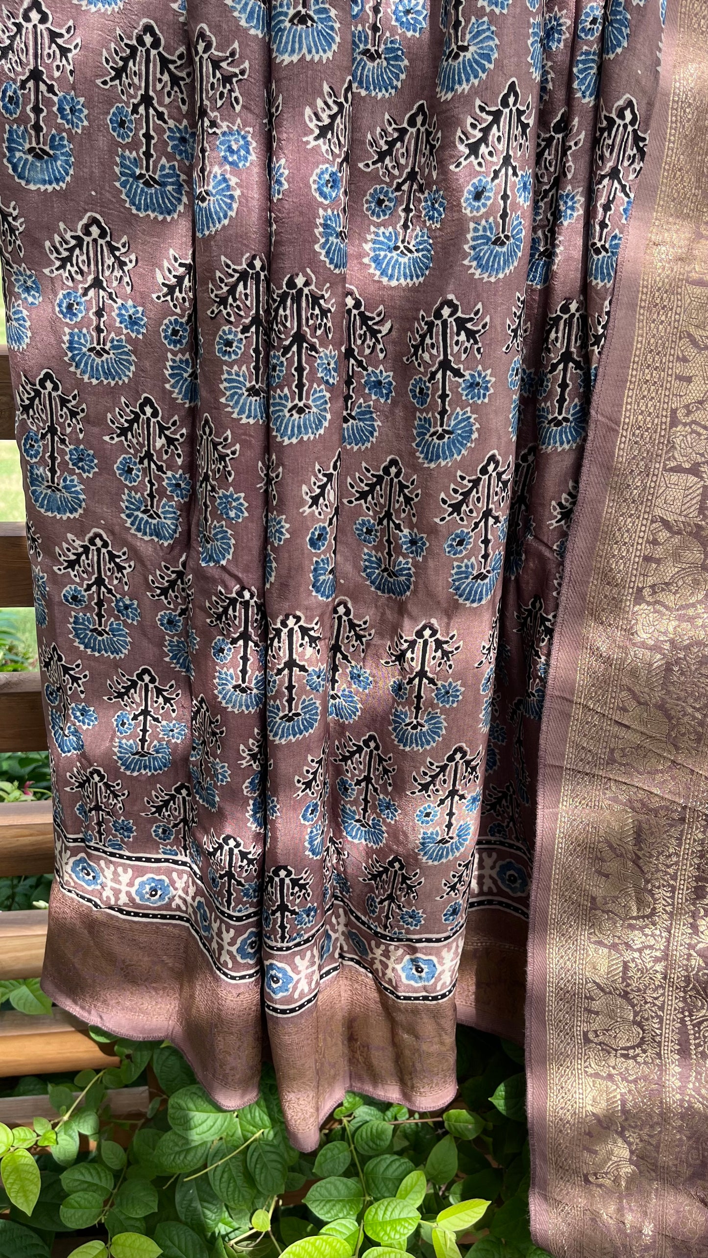 Earthy Brown Mugal Buta Motif Ajrakh Hand Block Dola Silk Saree with Zari Pallu (With Blouse)