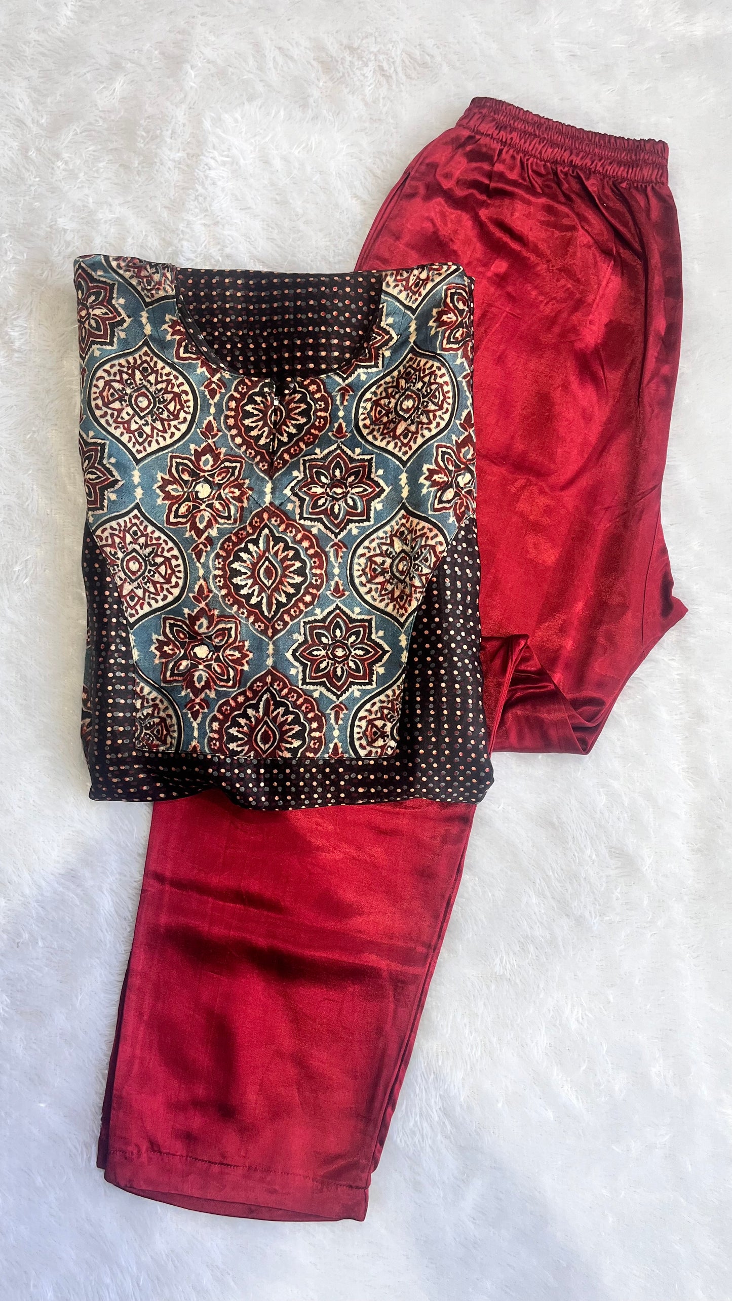 Black and Maroon Mashru Silk Ajrakh Hand Block Print Kurta Pant Set