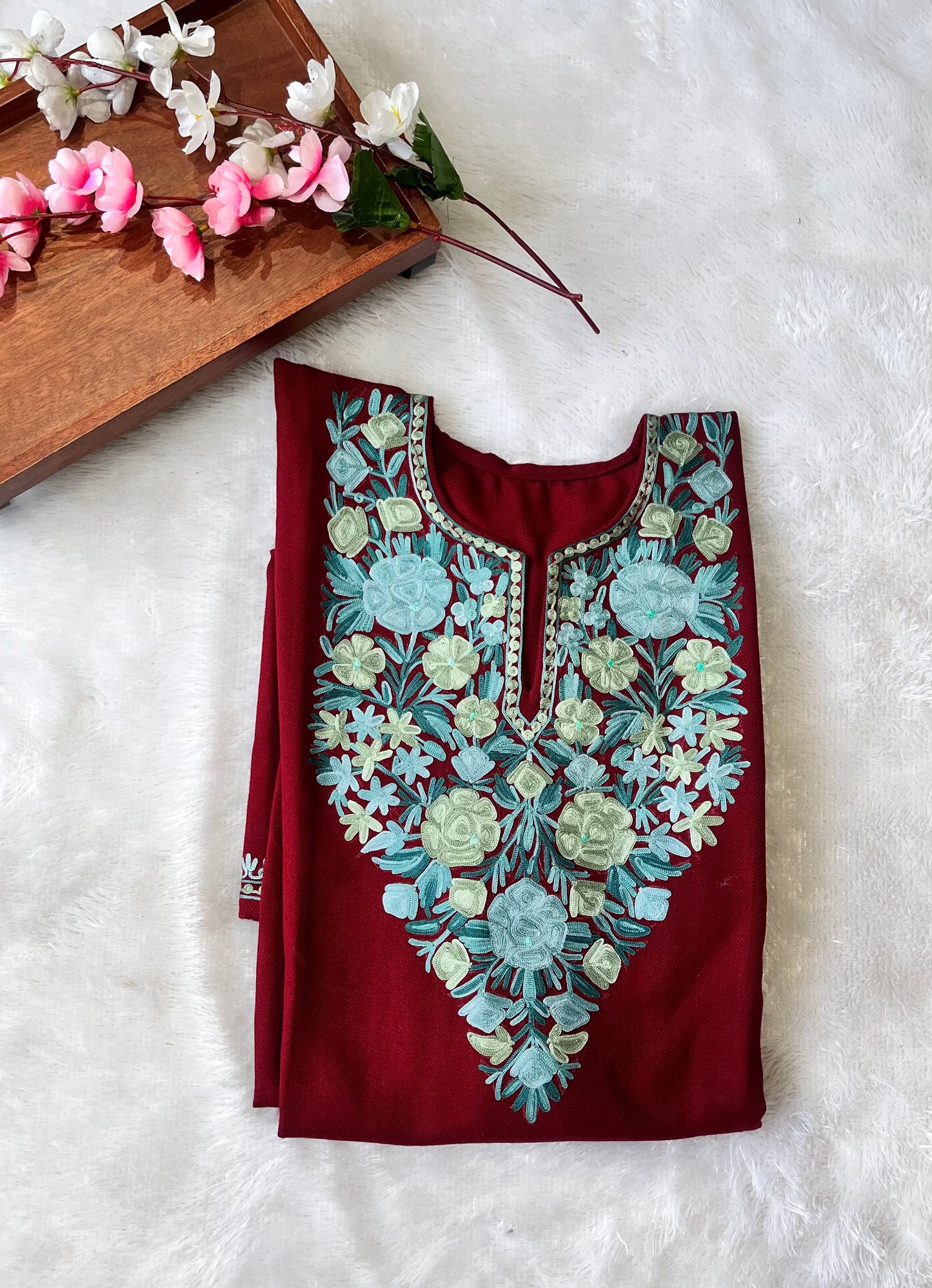 Maroon Shade with Firozi Kashmiri Aari Work Full Embroidered Pheran with Pockets