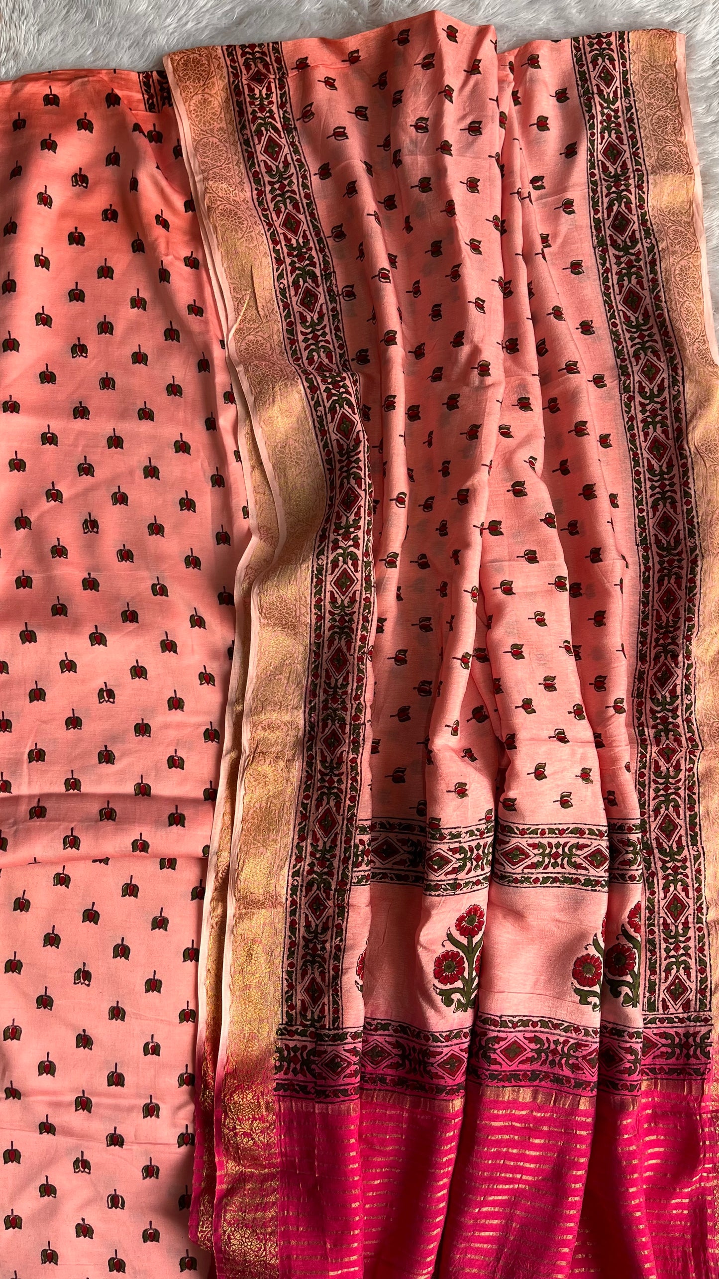 Pink Candyfloss Kamal Buti Motif Modal Silk Ajrakh Hand Block 2 pc Suit Set with Dola Silk Dual Toned Dupatta
