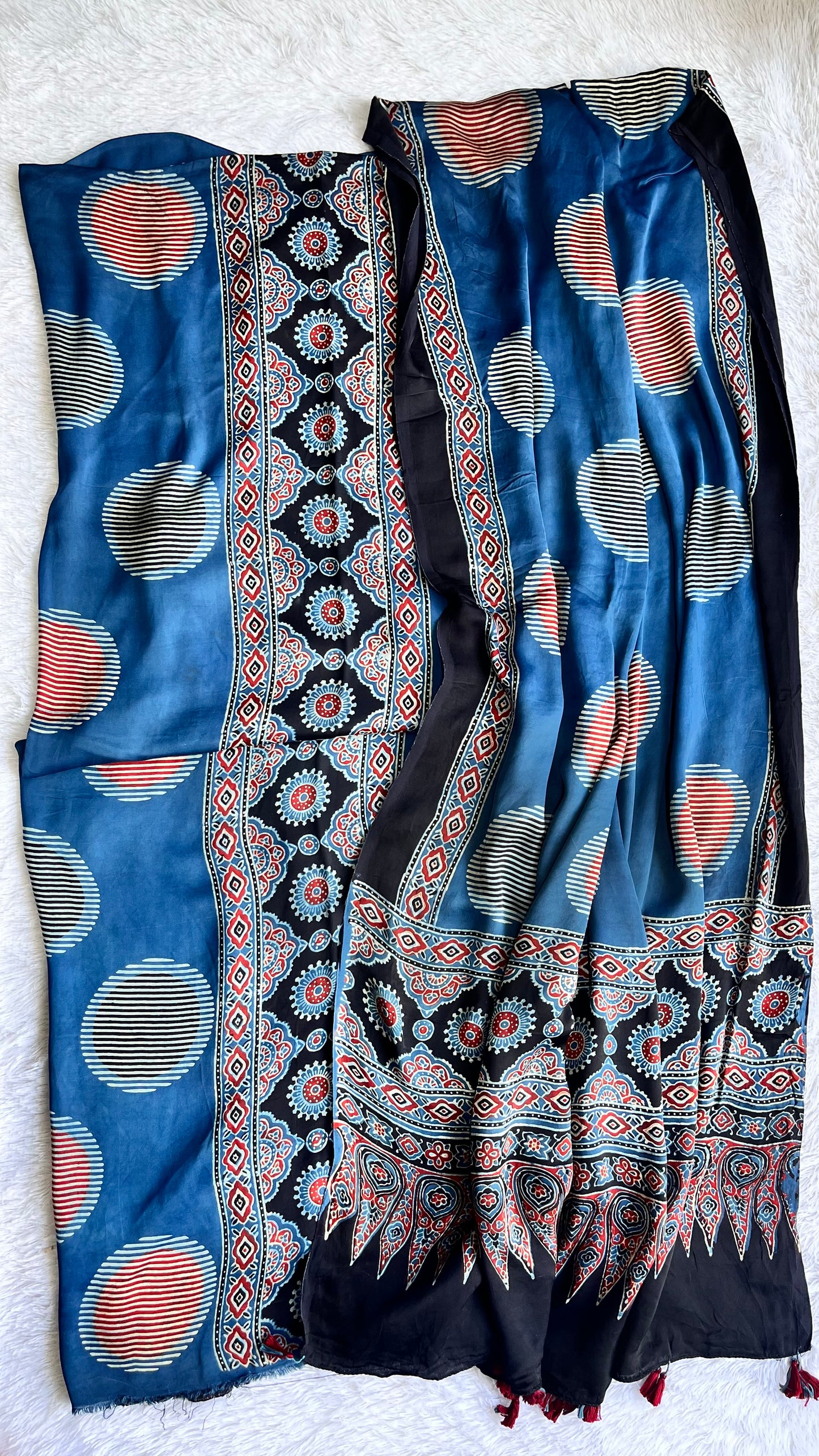 Blue Circle Buta Motif Modal Silk Ajrakh Natural Dyed Hand Block Print 2pc Suit Material Set