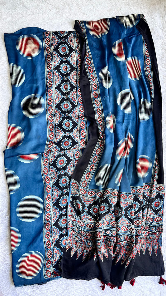Blue Circle Buta Motif Modal Silk Ajrakh Natural Dyed Hand Block Print 2pc Suit Material Set