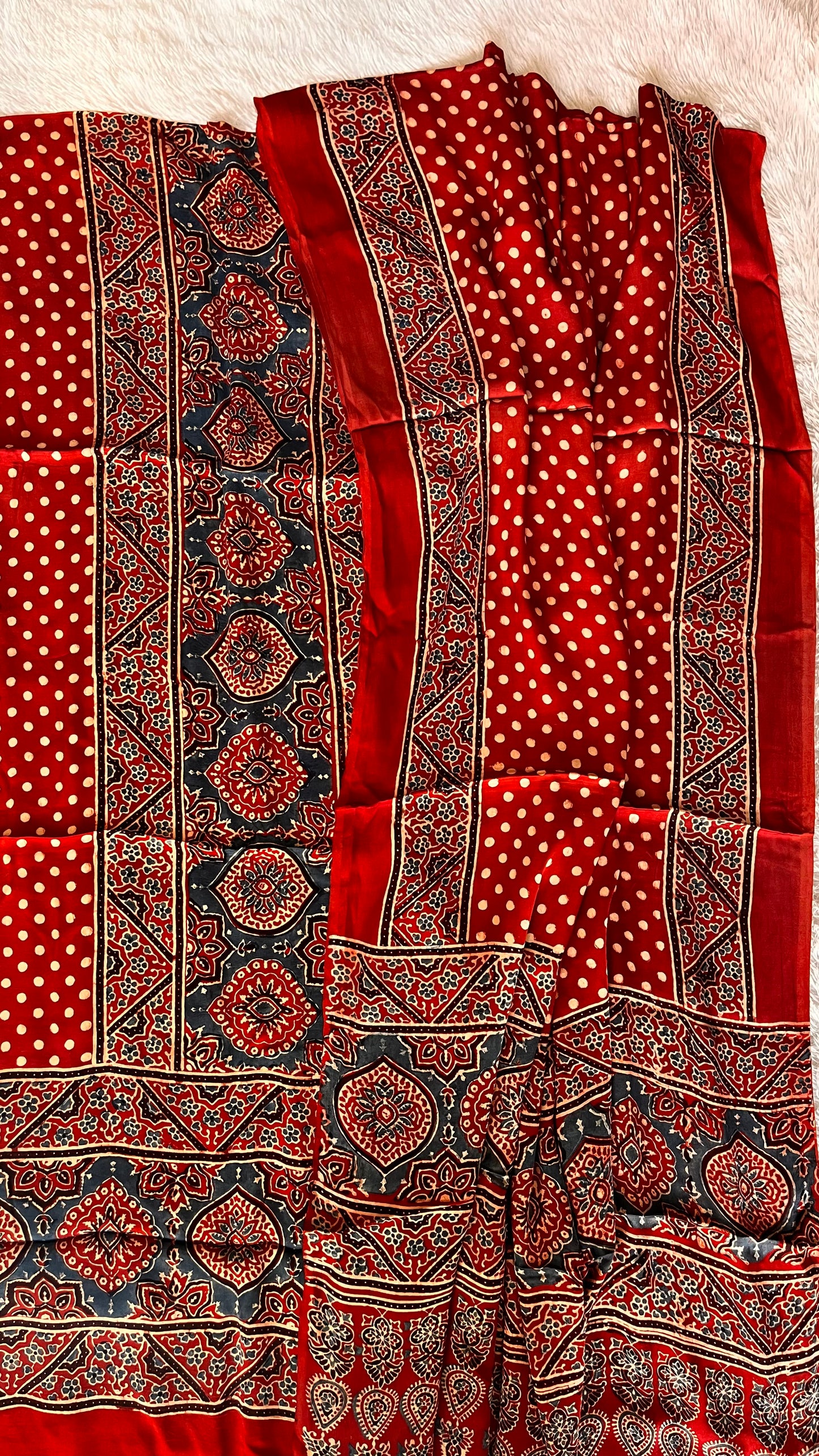 Red Classic Badaam Buta and Polka Motif Modal Silk Ajrakh Natural Dyed Hand Block Print 2pc Suit Material