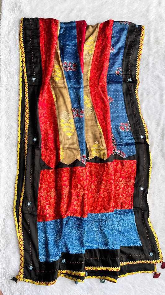 Multi Shade Ajrakh Applique Patchwork Modal Silk Kantha Work Dupatta with Tassels and Mirror-work