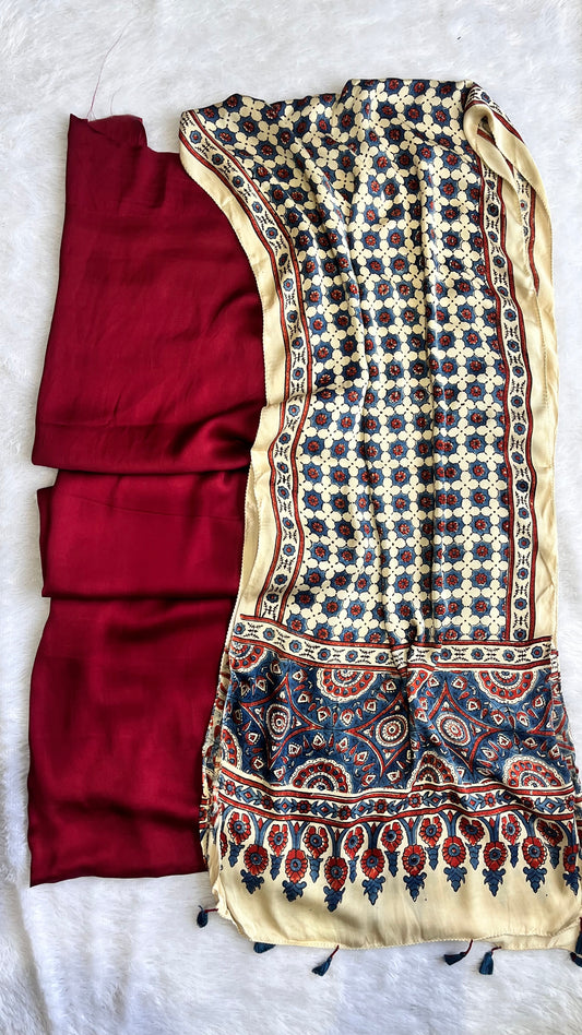 Maroon Solid Shade Modal Silk 2 pc Suit Set with Matching Grid Buta Modal Silk Stole