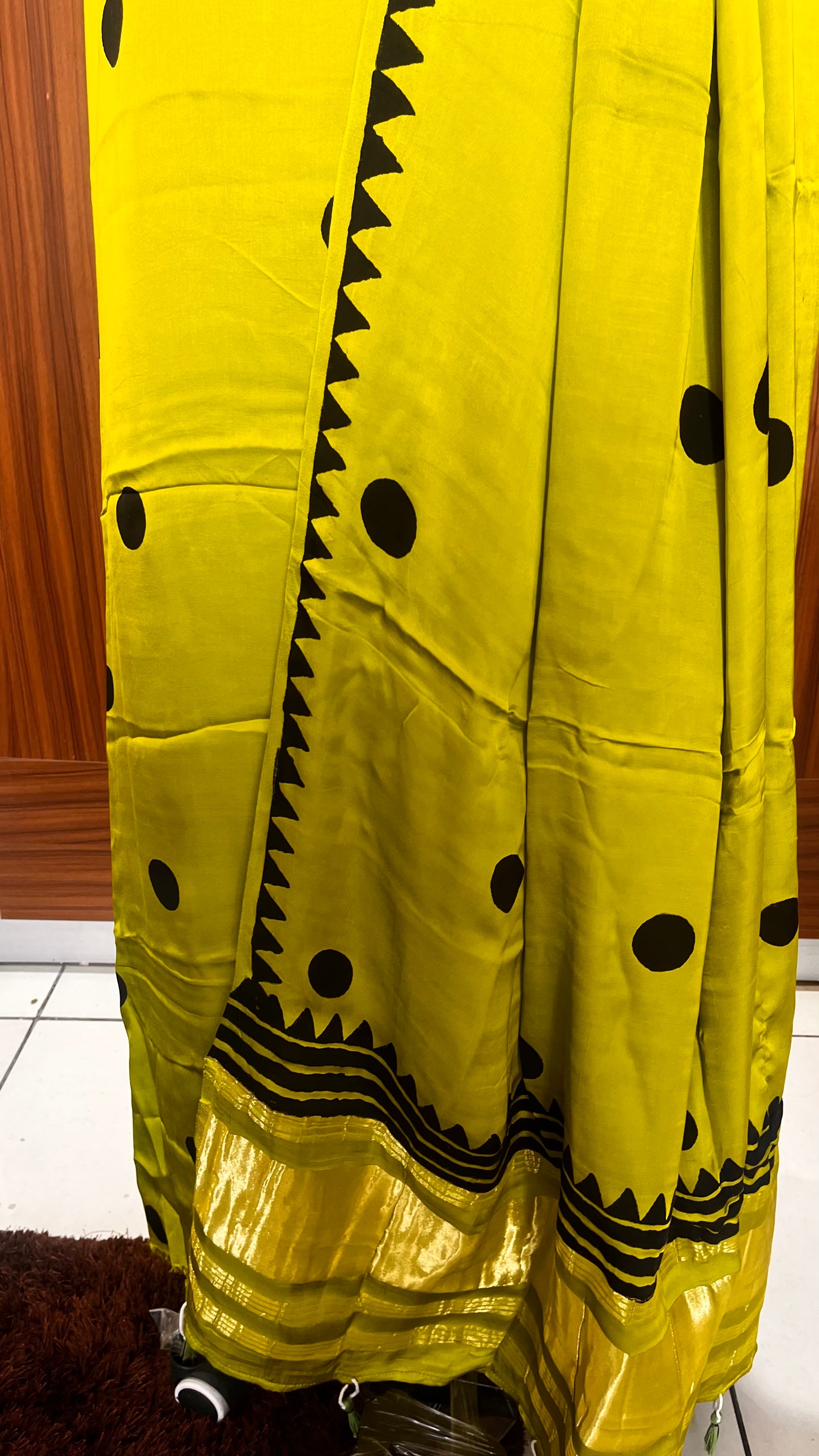 Lime Green Polka Motif Pure Modal Silk 2pc Suit Set with Lagdi Patti Dupatta