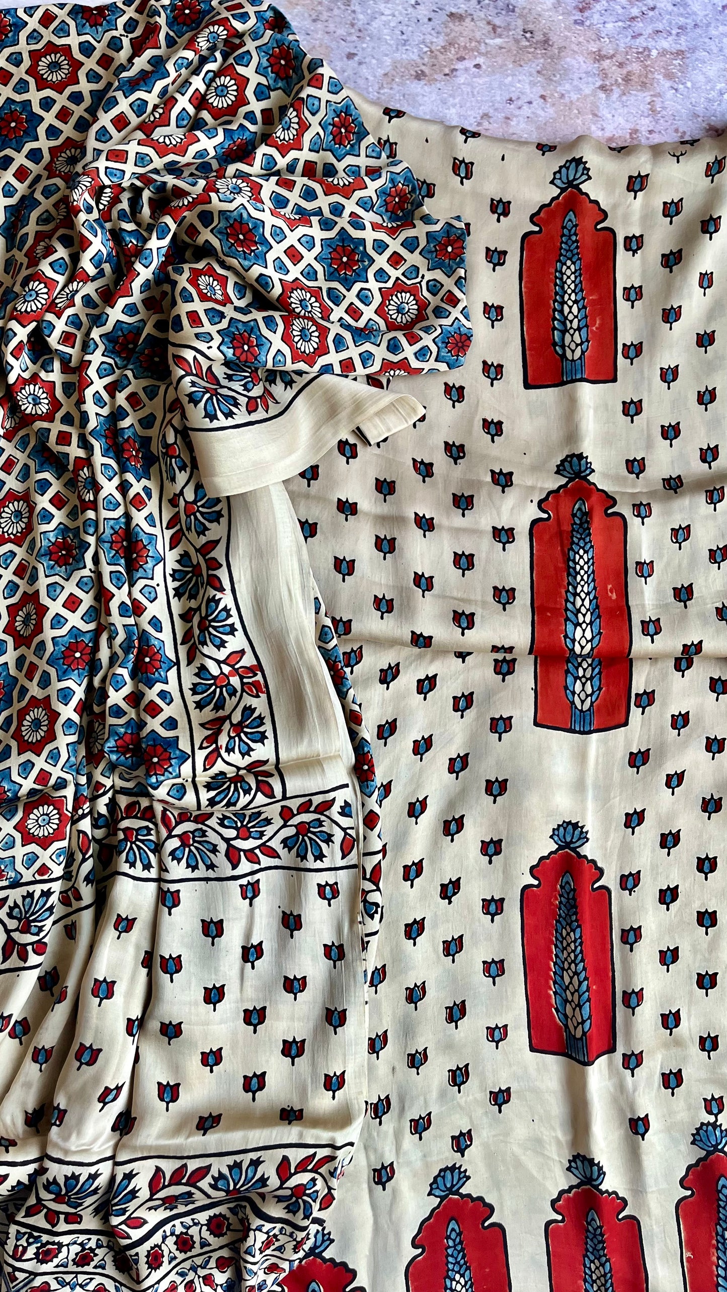 Off White Jharokha Motif Modal Silk Ajrakh Natural Dyed Hand Block Print 2pc Suit Material Set