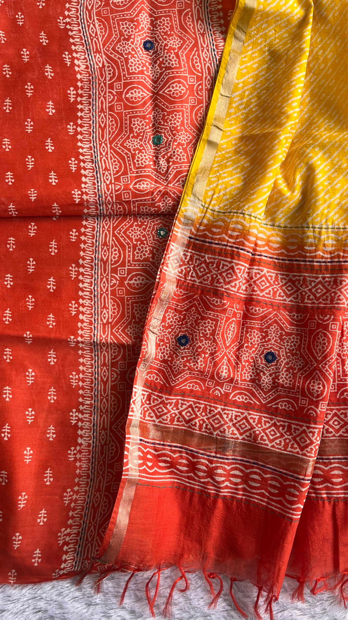 Orange and Yellow Chanderi Silk 2pc Suit Set with Mirror-work and Kantha Work Dupatta