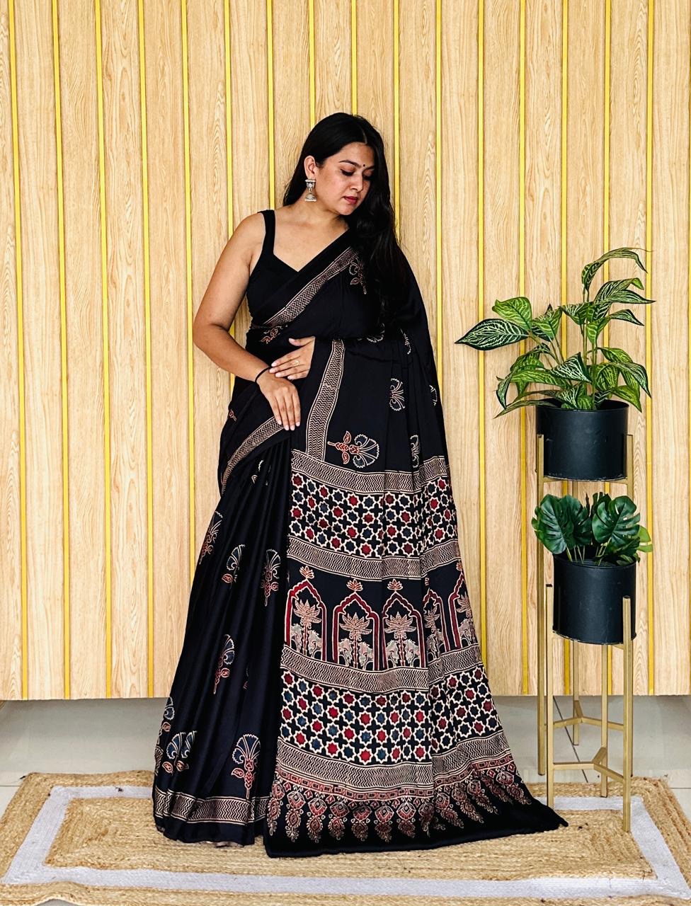 Kusum Ajrakh Hand Block Modal Silk Saree