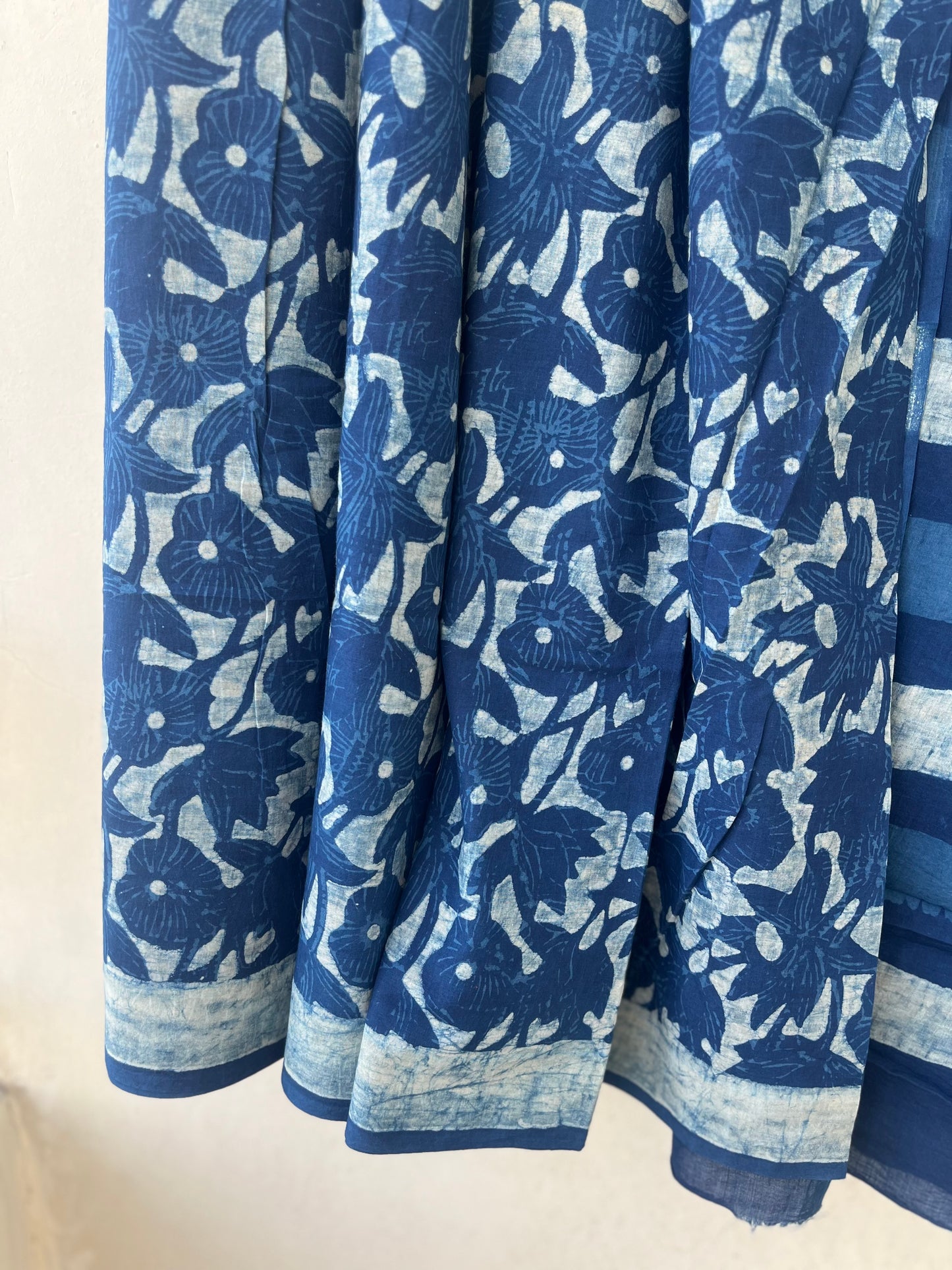 Flora of the Wild Motif Indigo Akola Hand Block Mulmul Cotton Saree with Blouse