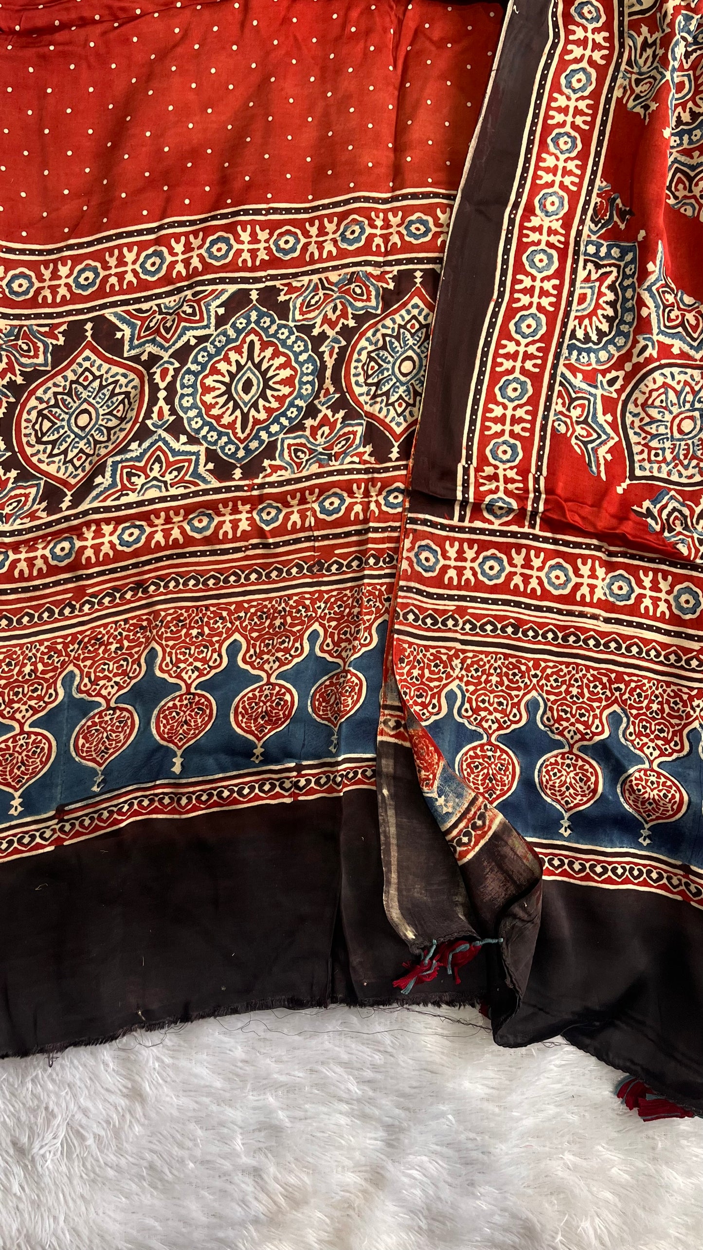 Maddar Red Buta Print Modal Silk Ajrakh Natural Dyed Hand Block Print 2pc Suit Material Set
