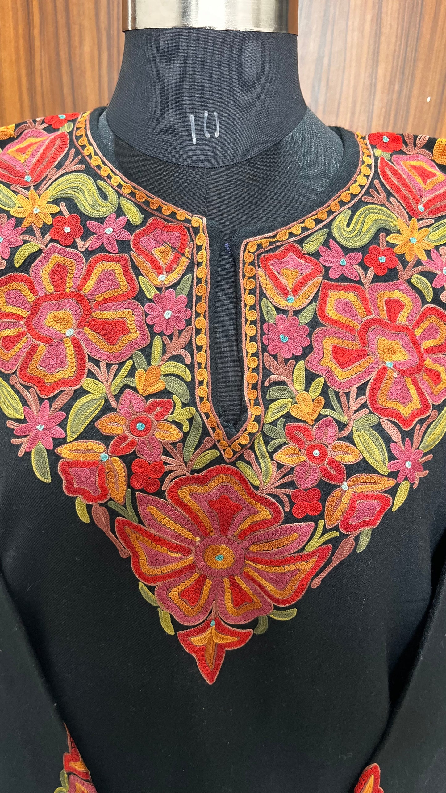 Majestic Black Hand Embroidered Pure Marino Wool Pheran with Pockets