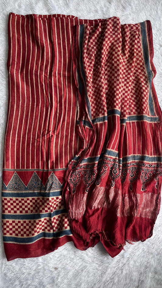 Maddar Red Dhaaridaar Chanderi Silk Cotton Ajrakh Hand Block Print 2pc Suit Material