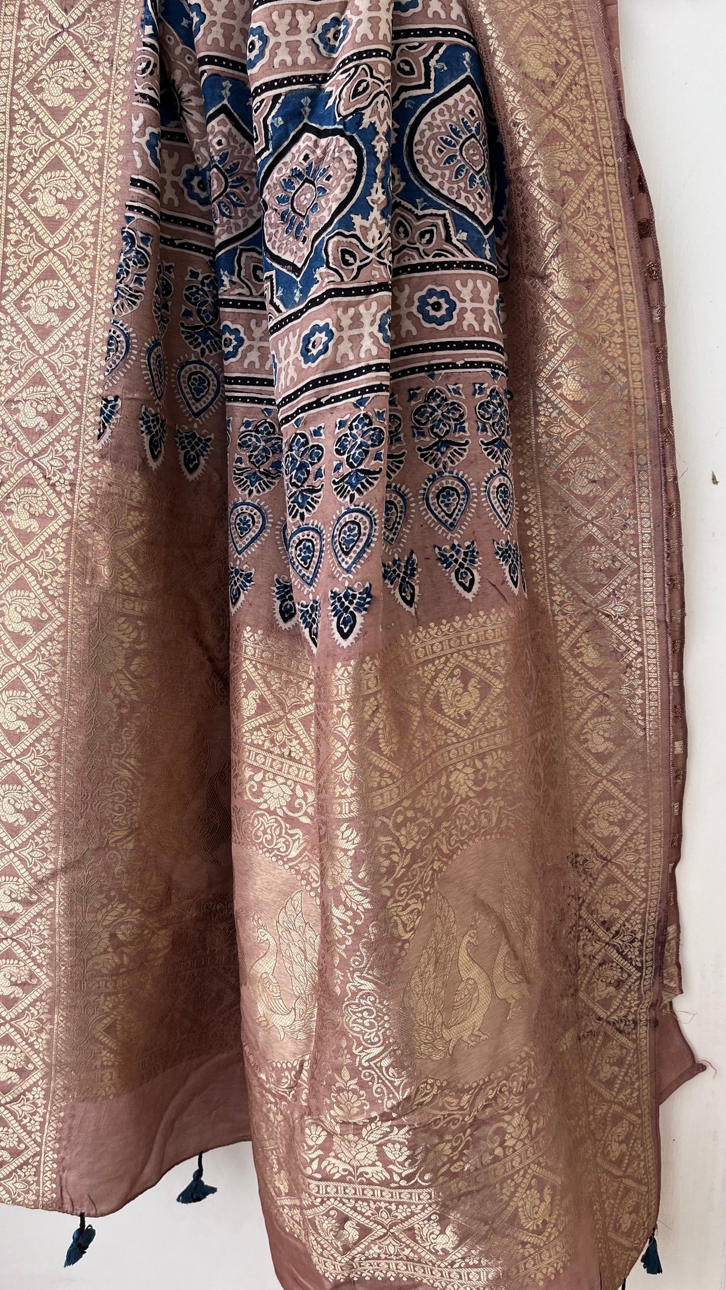 Earthen Shade Flower Buta Motif Ajrakh Hand Block Dola Silk Saree with Zari Pallu (With Blouse)