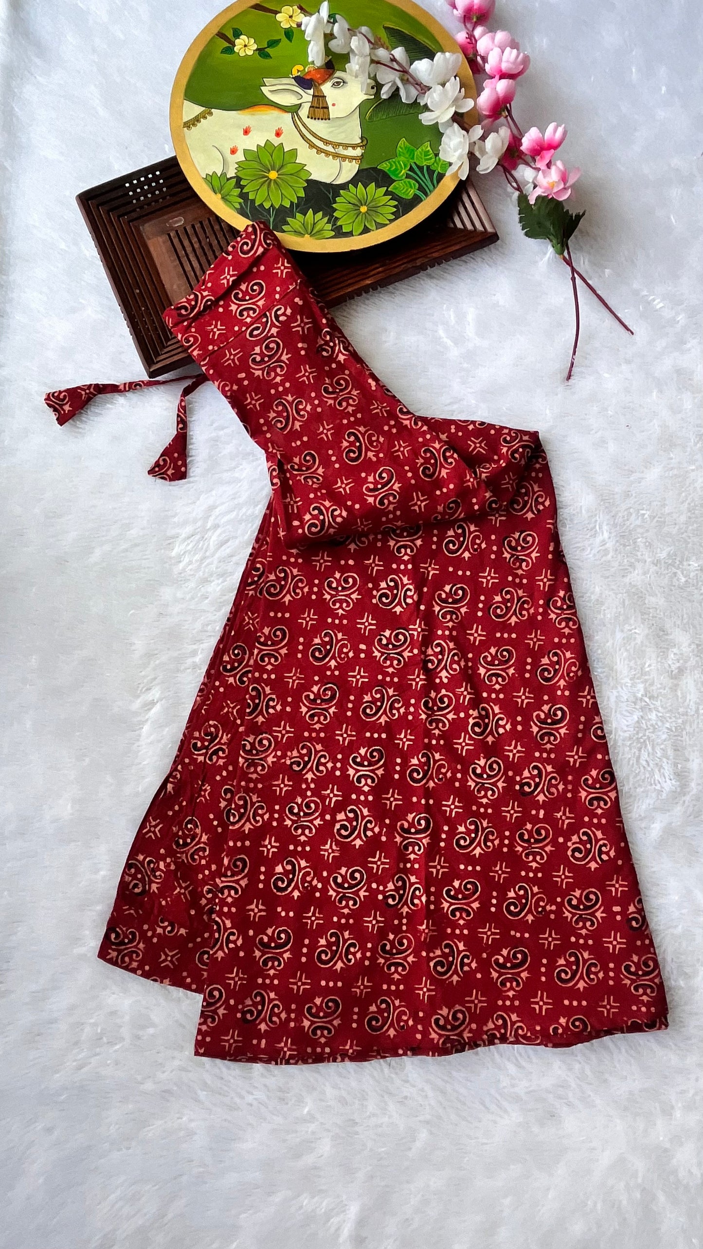 Deep Red Buti Motif Pure Cotton Ajrakh Long Flared Skirt