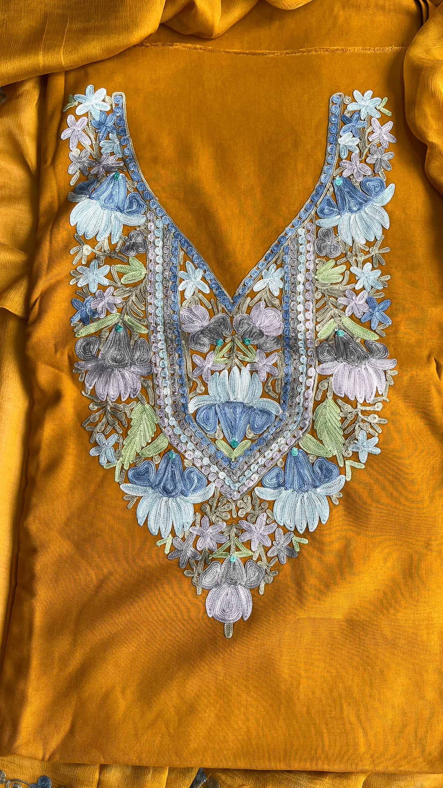 Mustard with Firozi work Muslin Cotton Kashmiri Aari Embroidered 3pc Suit Set