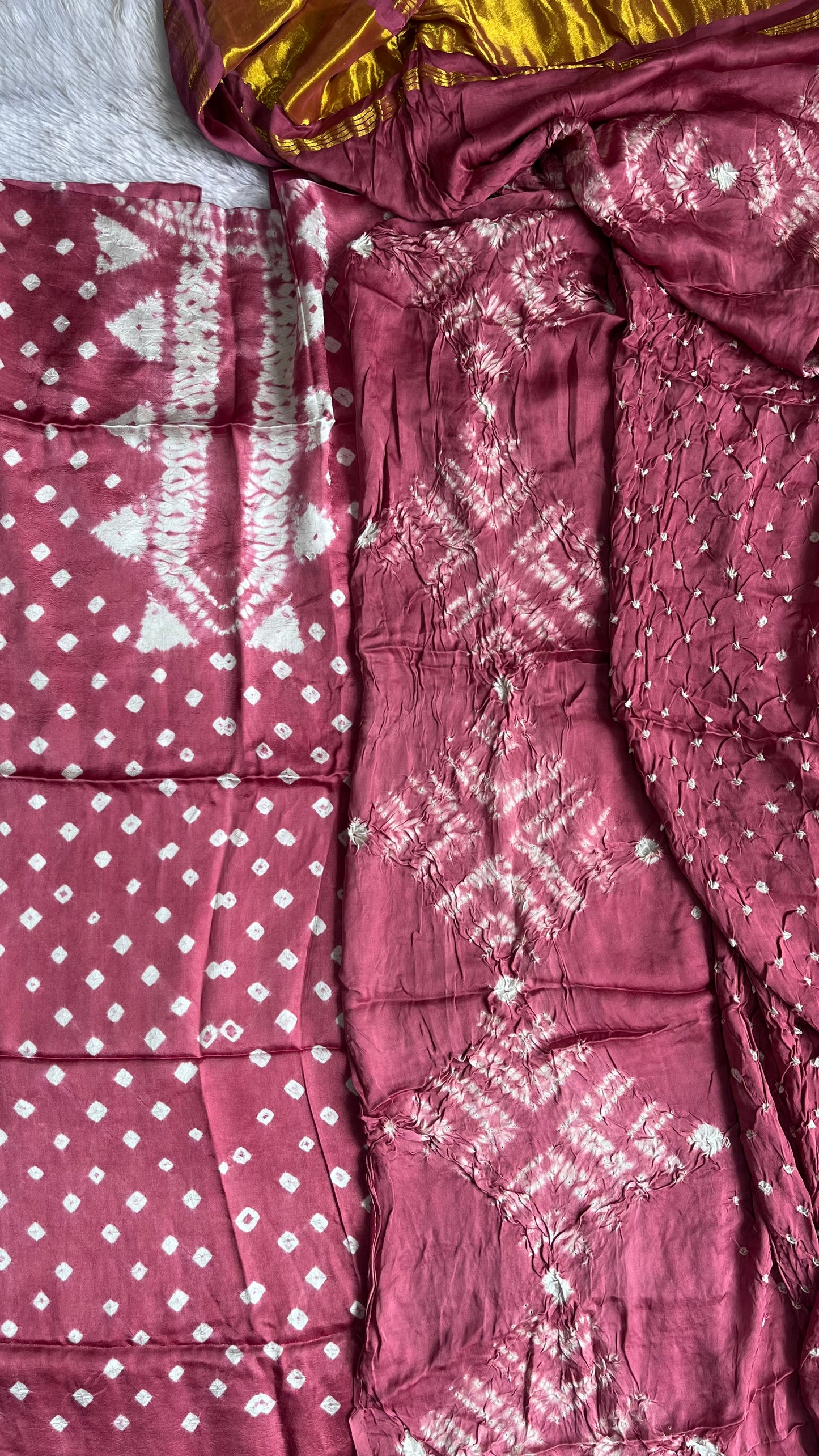 Rose Pink Bandhej Semi Modal Silk 3 pc Suit Set with Lagdi Patti Dupatta