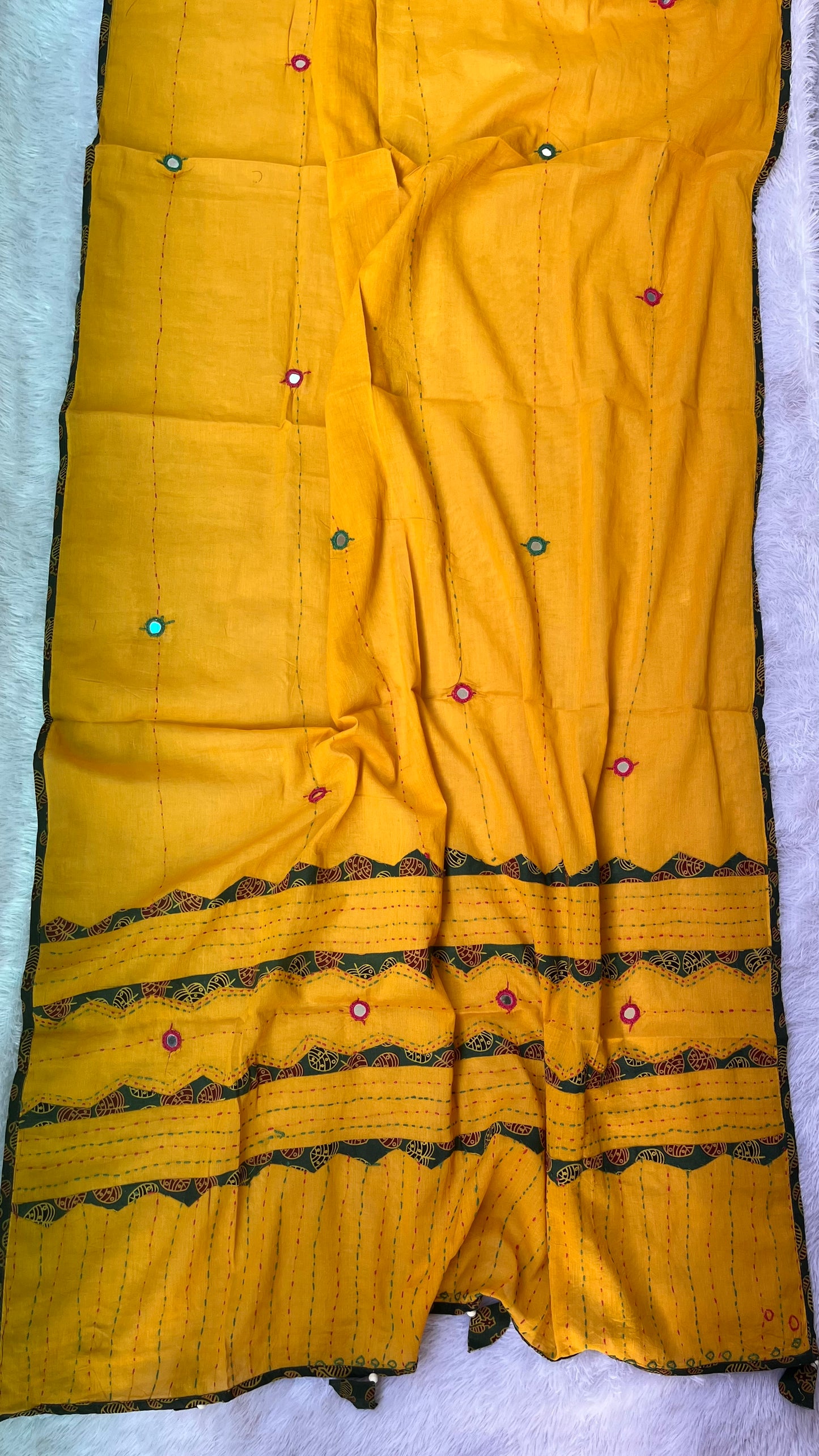 Mustard and Green Ajrakh Applique Patchwork Cotton Dupatta with Mirror Work