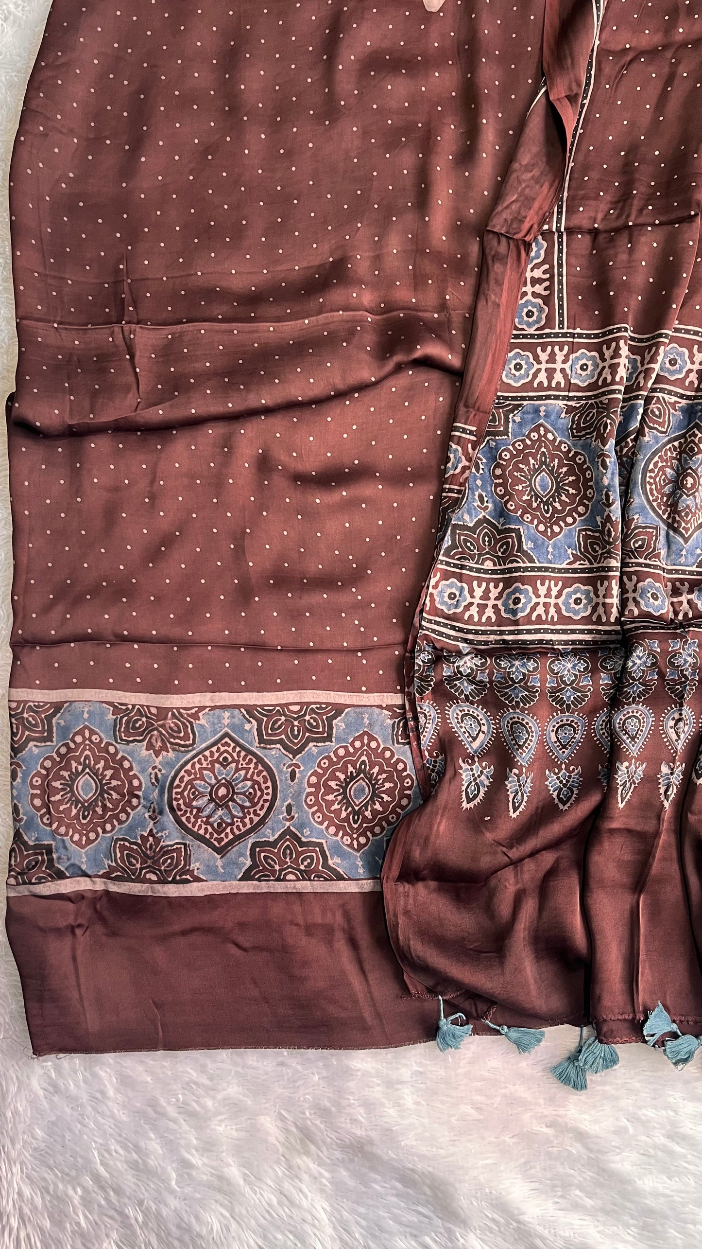 Warm Caramel Shade Modal Silk Ajrakh Hand Block 2 pc Suit Set with Modal Silk Dupatta
