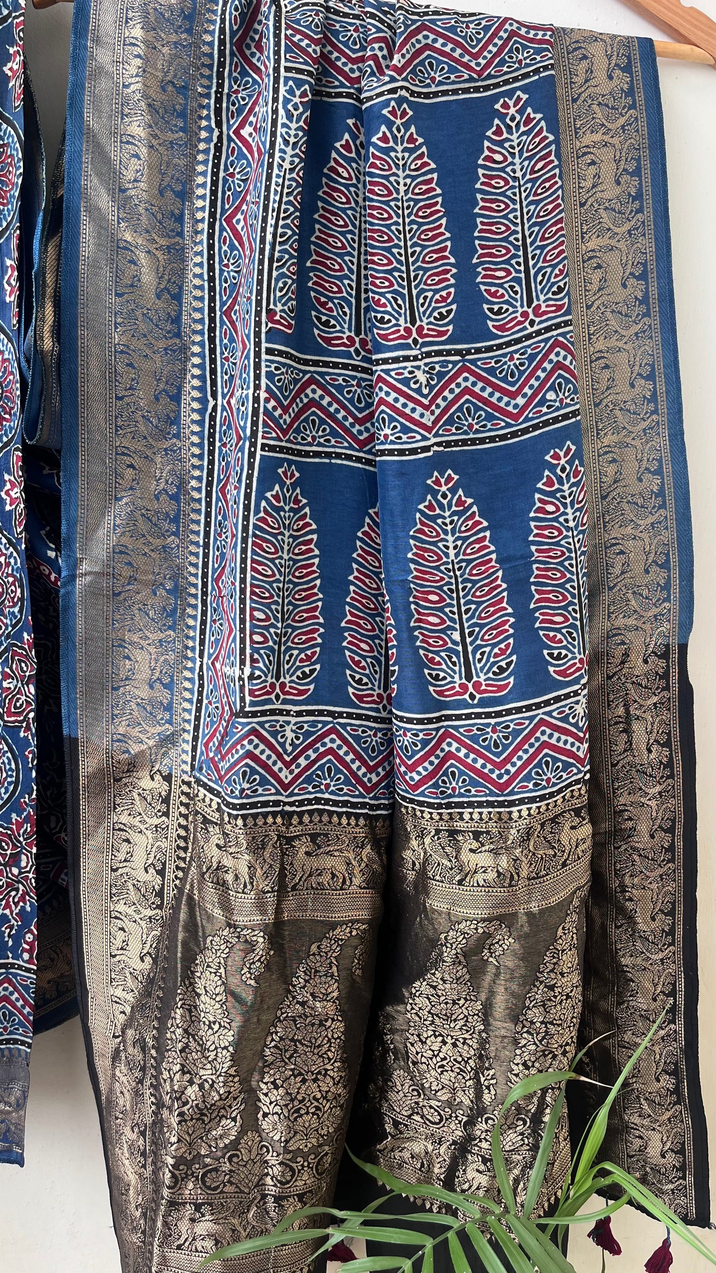 Blue Badaam Buta Motif Ajrakh Hand Block Dola Silk Saree with Zari Pallu (With Blouse)