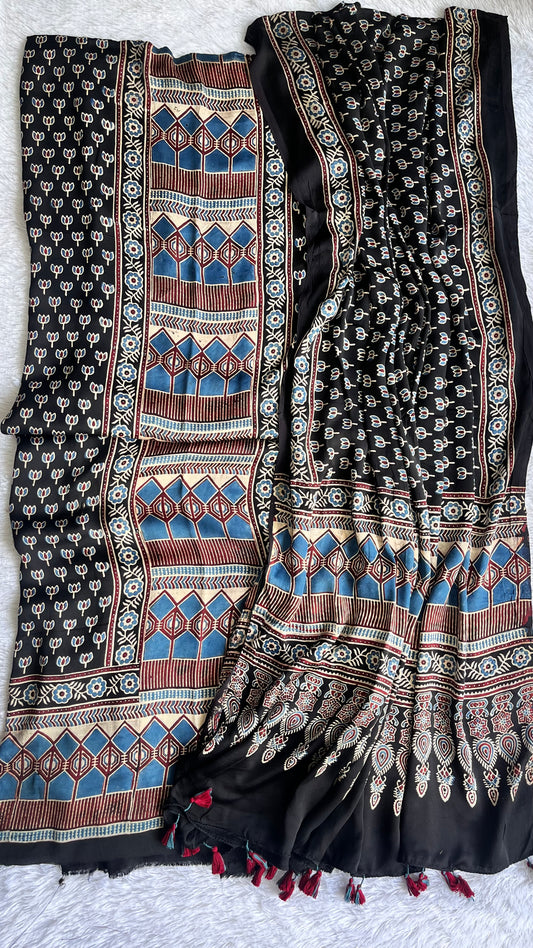 Black Grid and Kamal Buti Motif Ajrakh Hand Block Modal Silk 2 pc Suit Material Set