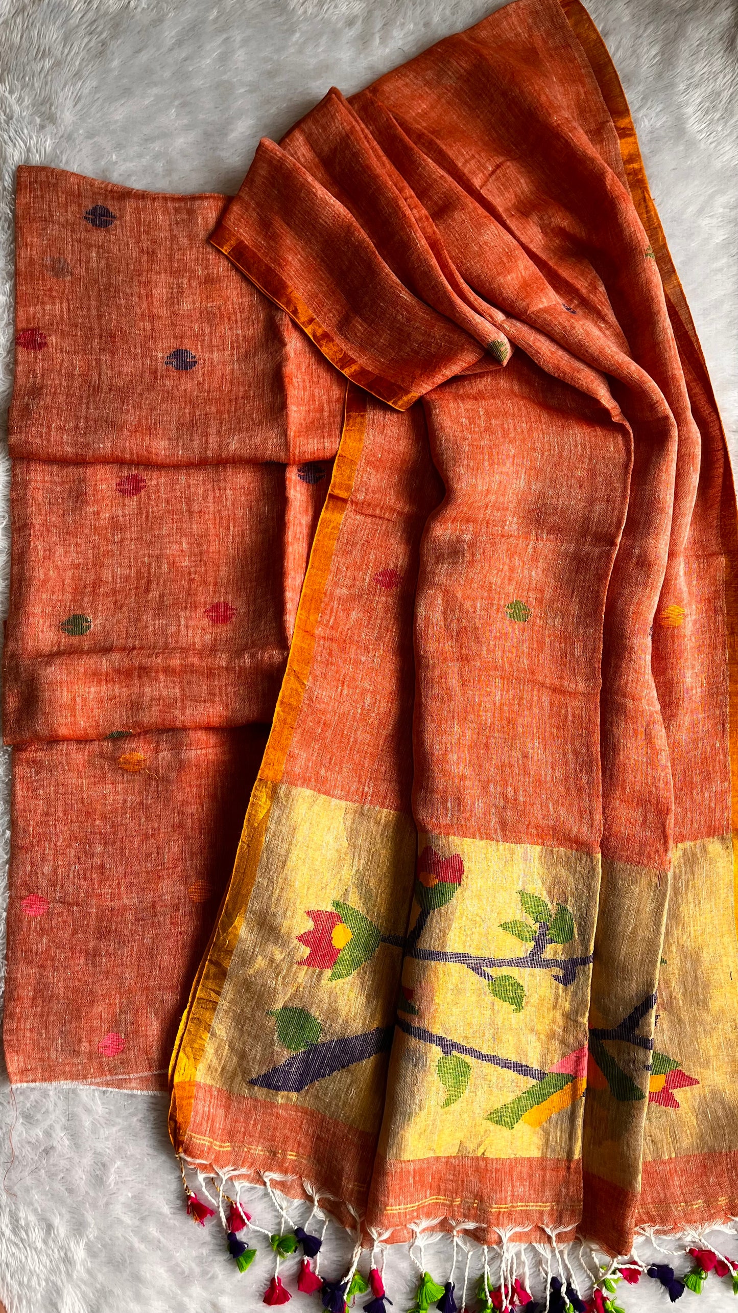 Peach me Please Paithani Unstitched Pure Linen on Linen Hand Woven Daman 2 pc Suit Set