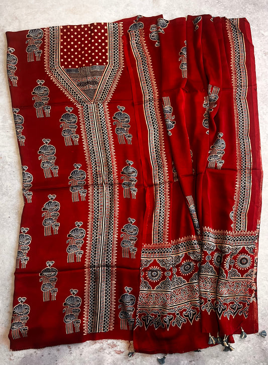 Deep Red Buta Motif Modal Silk Natural Dyed Hand Block 2pc Suit Set