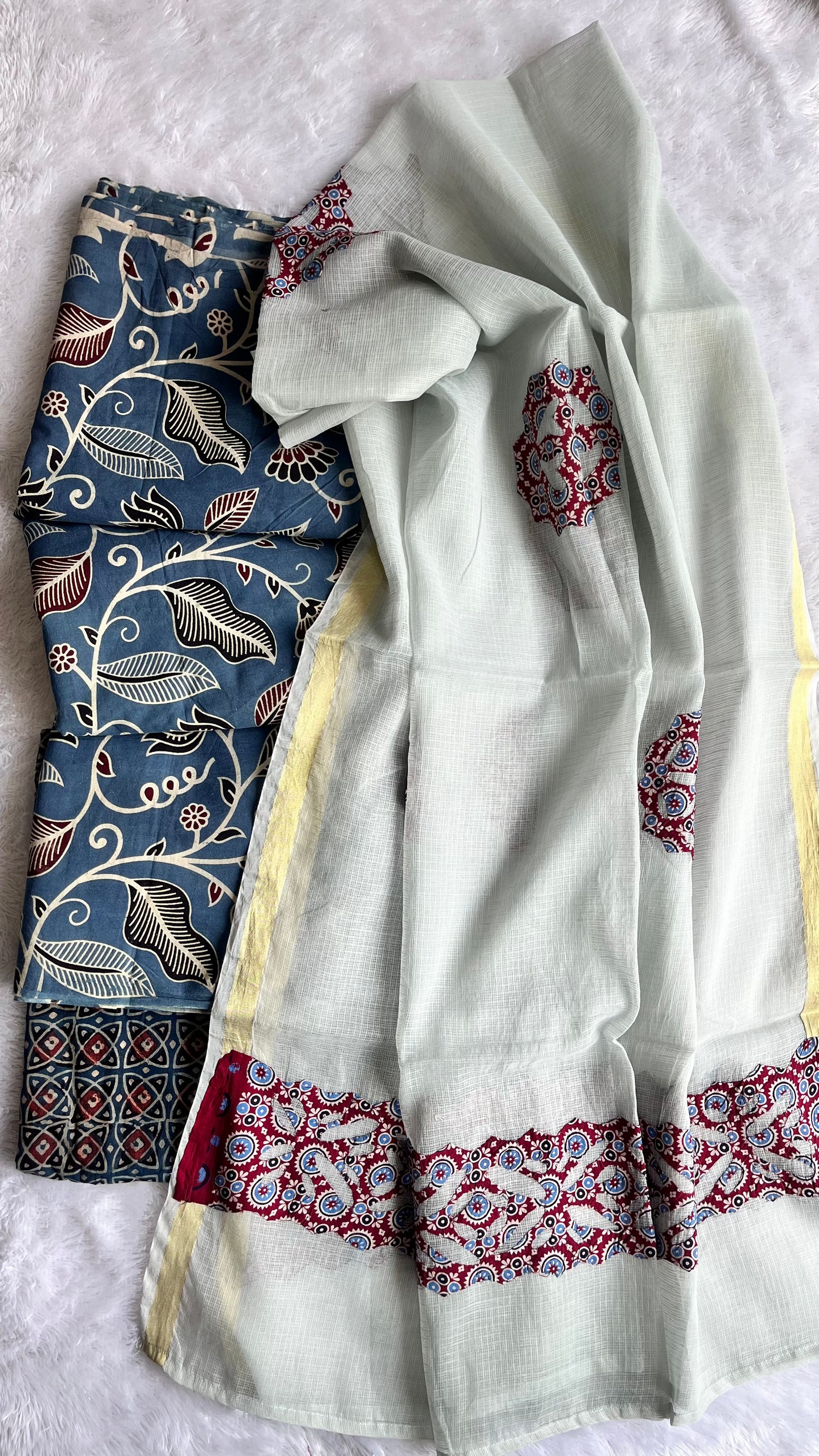Blue Badaam Buti Pure Cotton Ajrakh Unstitched Suit Set with Ajrakh Applique Kota Dupatta