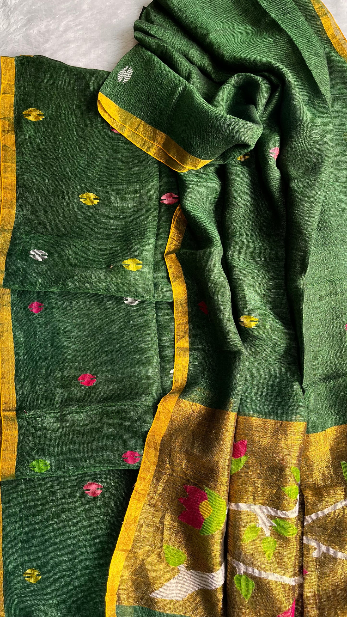 Gracious Green Paithani Unstitched Pure Linen on Linen Hand Woven Daman 2 pc Suit Set