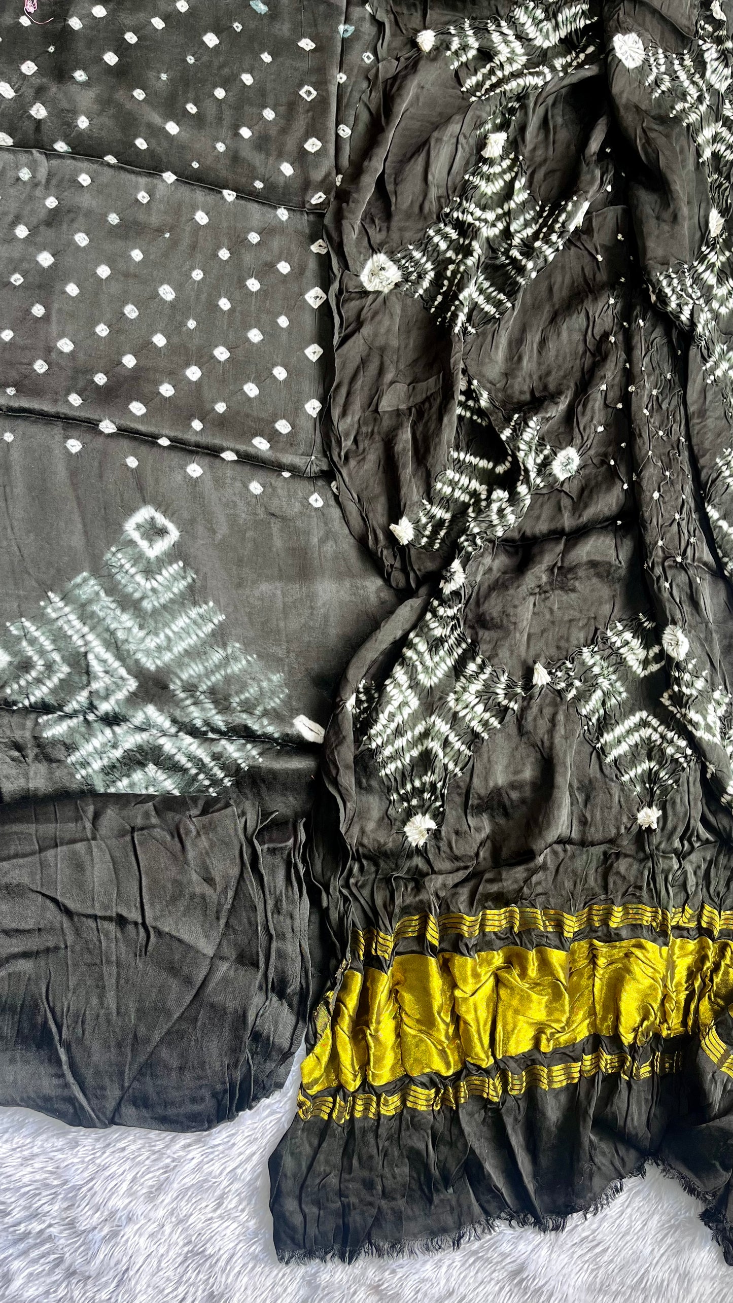 Black Bandhej Semi Modal Silk 3 pc Suit Set with Lagdi Patti Dupatta