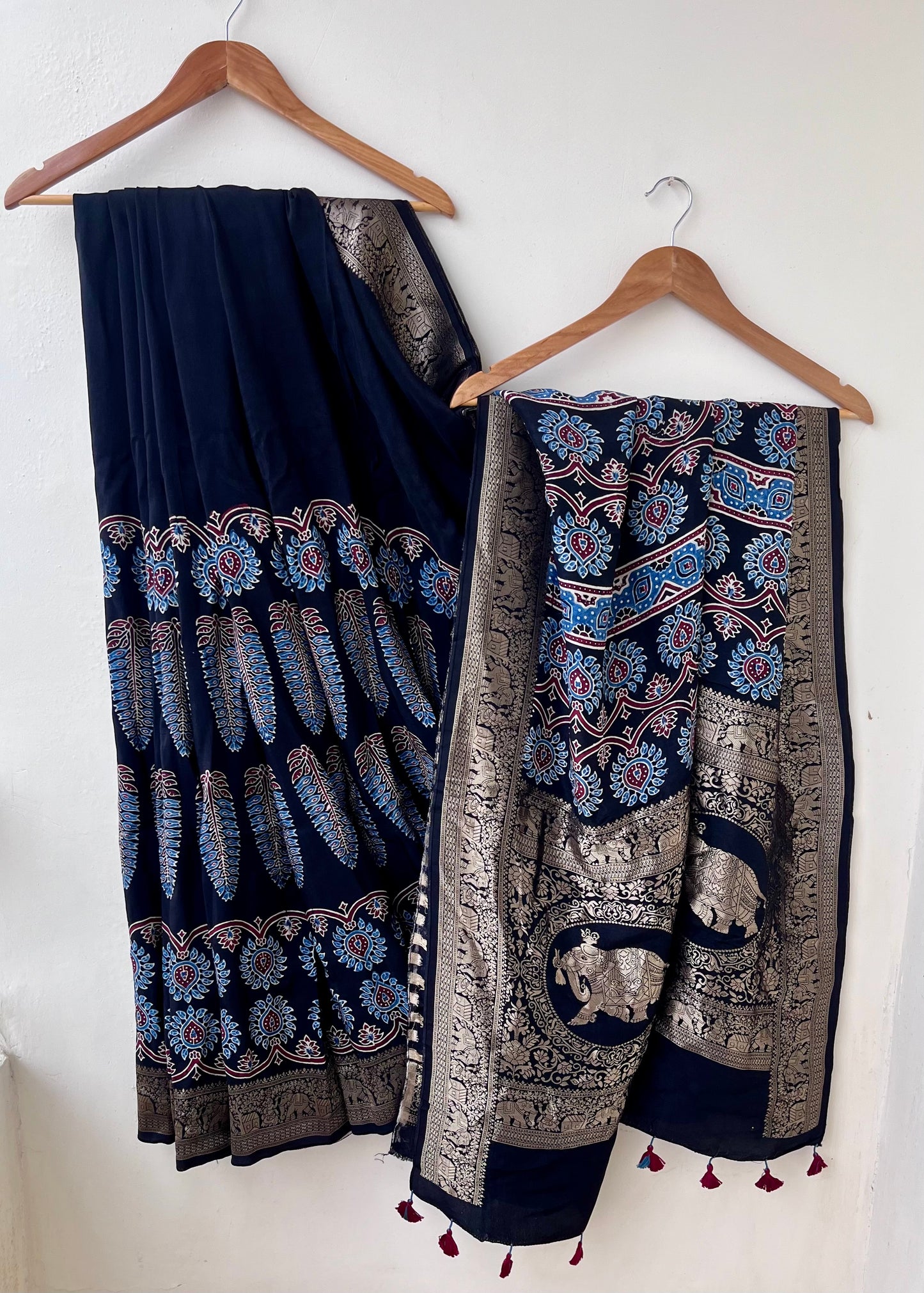 Black Asopallav Buta Motif Ajrakh Hand Block Dola Silk Saree with Zari Pallu (With Blouse)