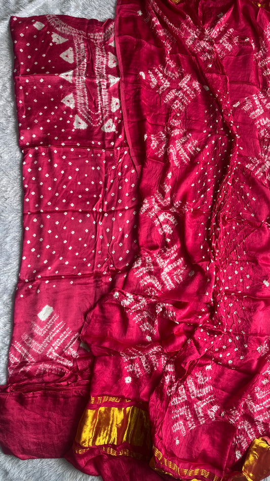 Hot Pink Bandhej Semi Modal Silk 3 pc Suit Set with Lagdi Patti Dupatta