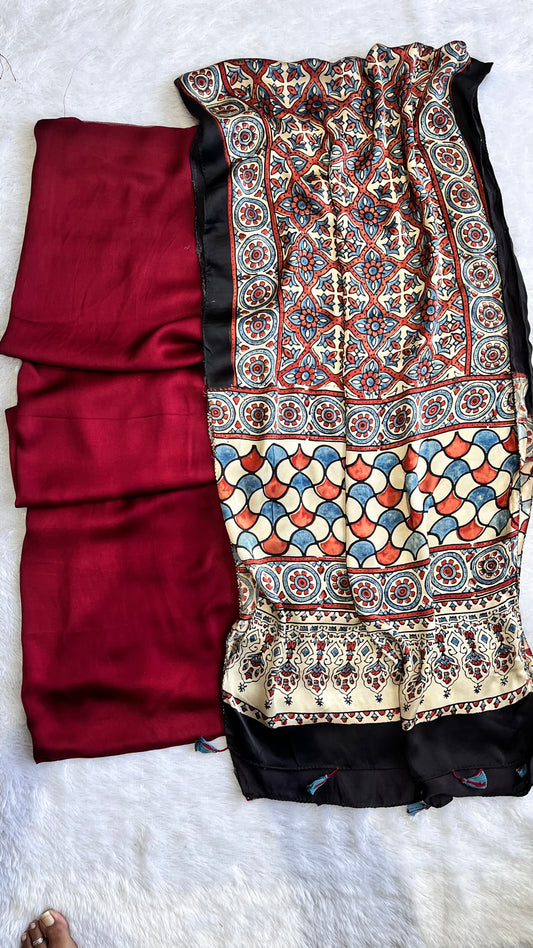 Maroon Solid Shade Modal Silk 2 pc Suit Set with Matching Grid Buta Modal Silk Stole