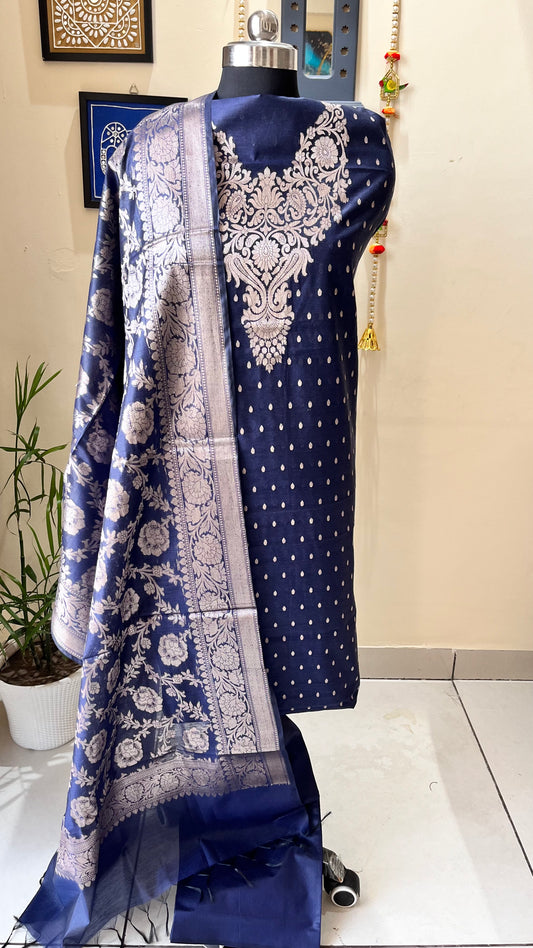 Navy Blue Shade Banarasi Silk Cotton 3-Piece Suit with Banarasi Woven Yoke & Dupatta