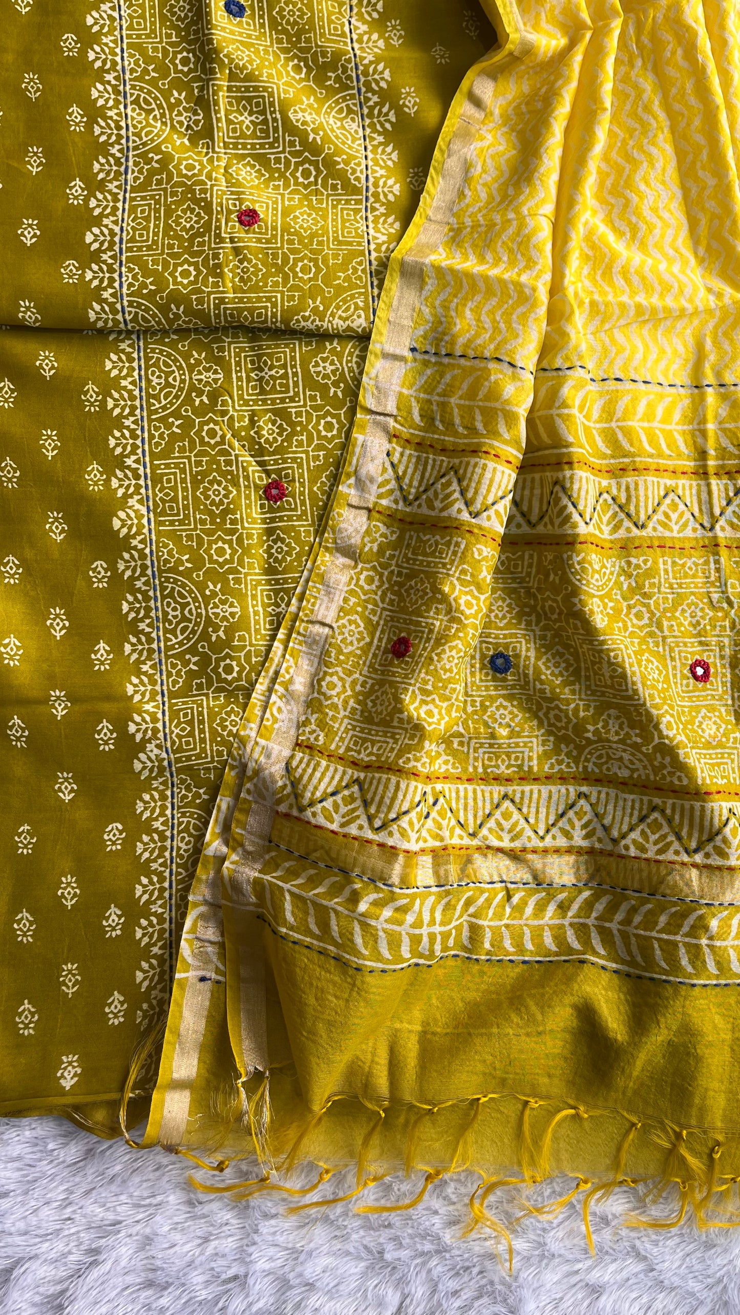 Lemon Green Chanderi Silk 2pc Suit Set with Mirror-work and Kantha Work Dupatta