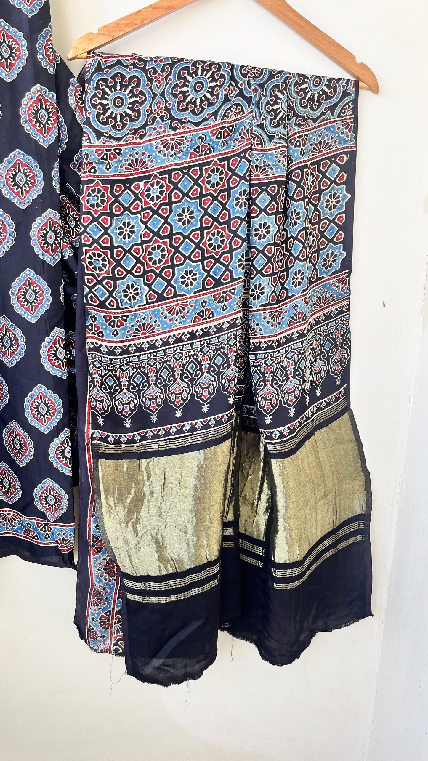 Black Seepi Booti Ajrakh Hand Block Natural Dye Modal Silk Lagdi Patti Saree With Blouse