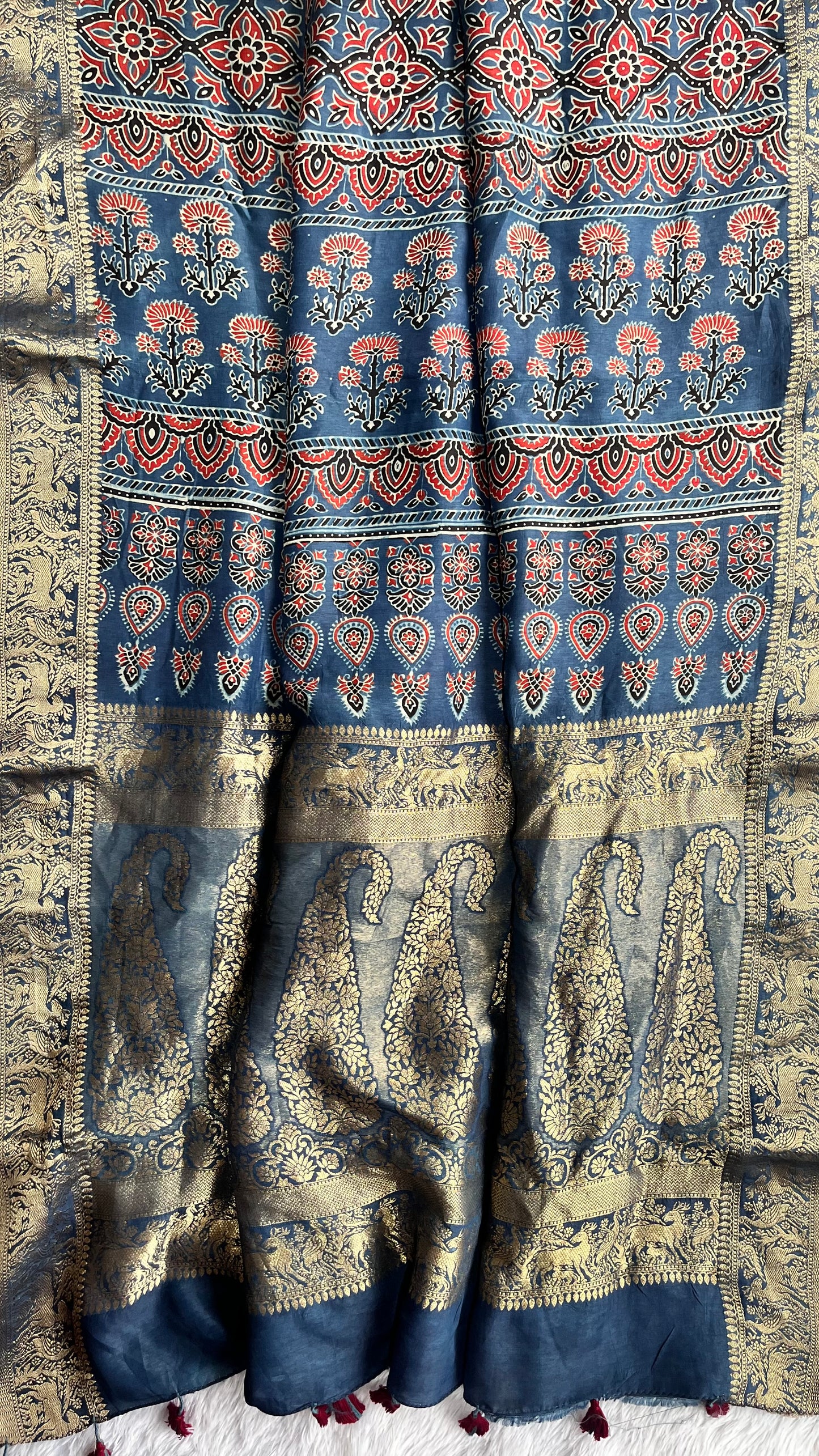Black and Indigo Dotted Buta Motif Ajrakh Hand Block Dola Silk Saree with Zari Pallu (With Blouse)