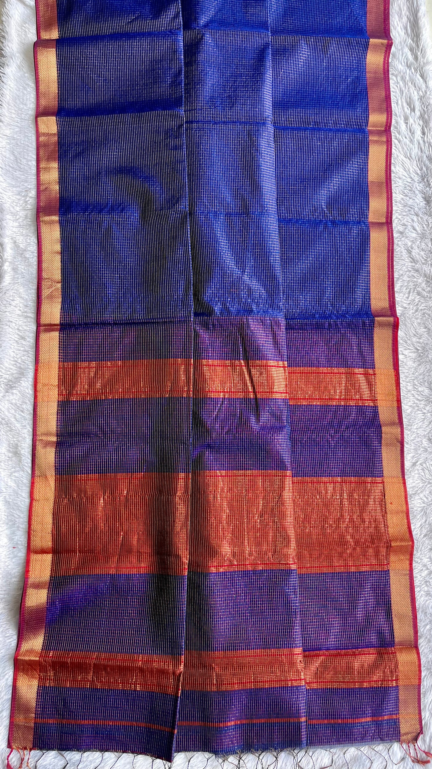 Ink Blue with Gold Zari Border Handwoven Maheshwari Tissue Silk Saree