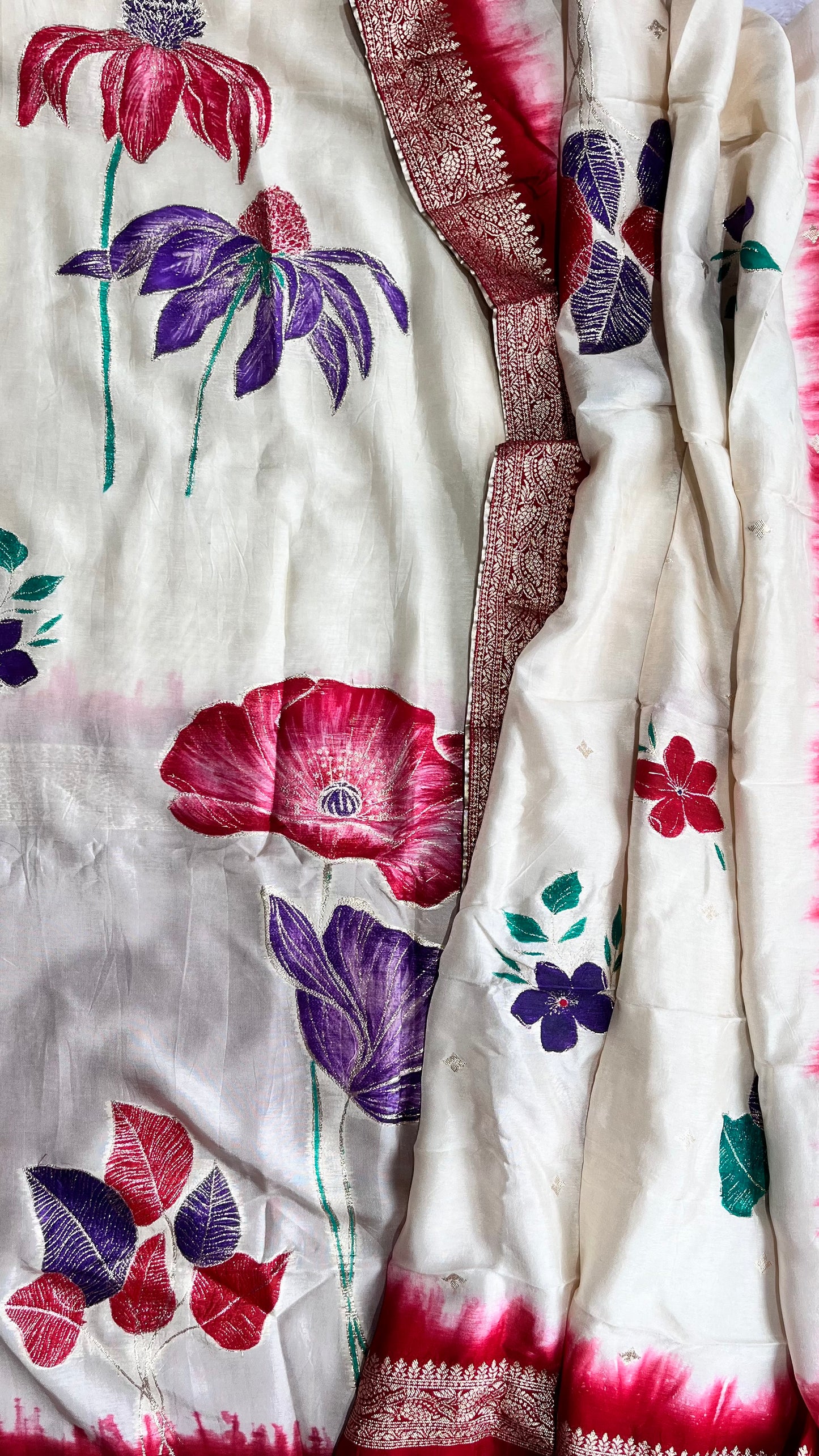Pearl White Dola Silk Hand Brush Print 2pc Suit Material Set with Zari Pallu and Full Finish with Tassels