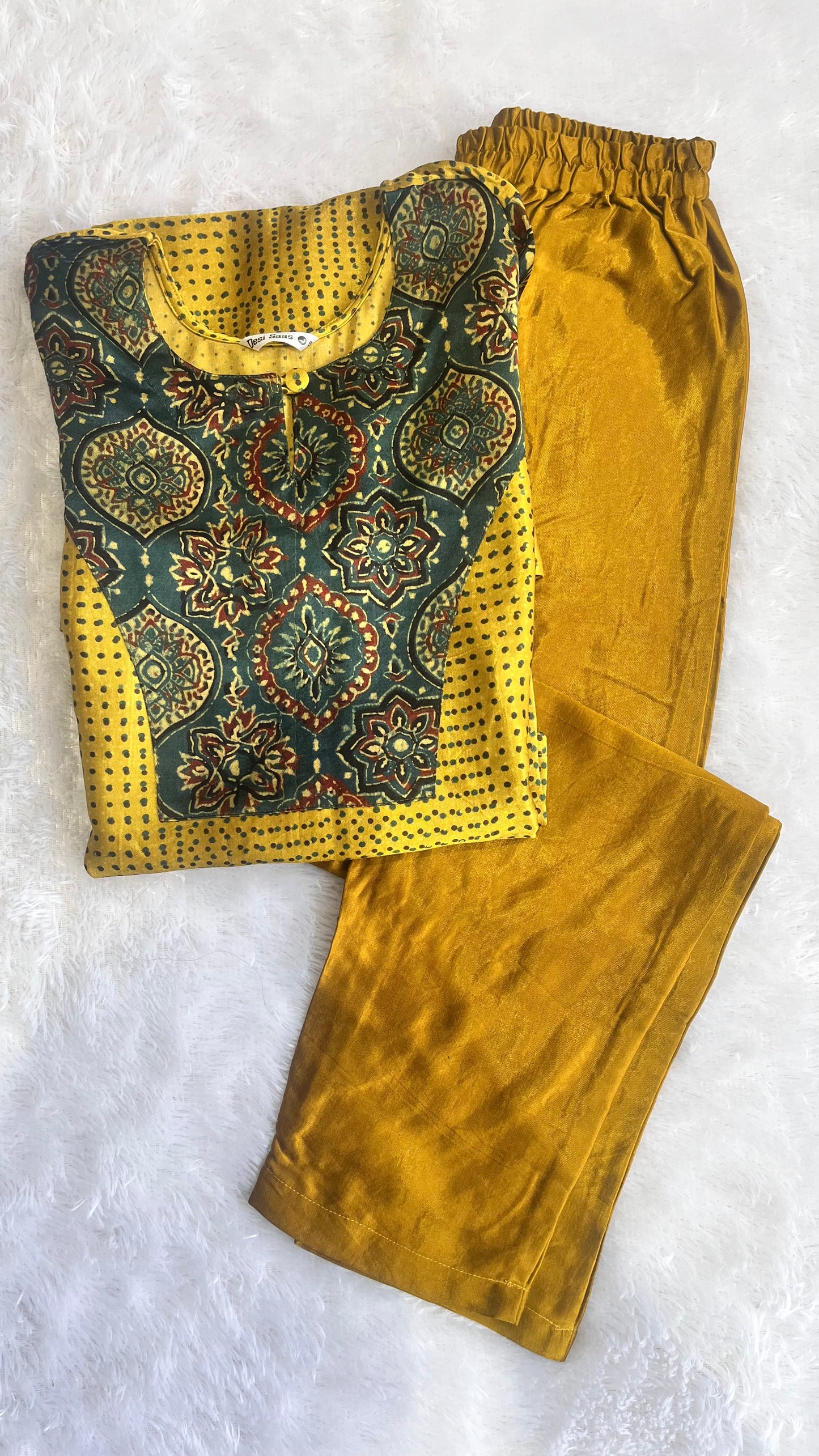 Yellow and Green Mashru Silk Ajrakh Hand Block Print Kurta Pant Set