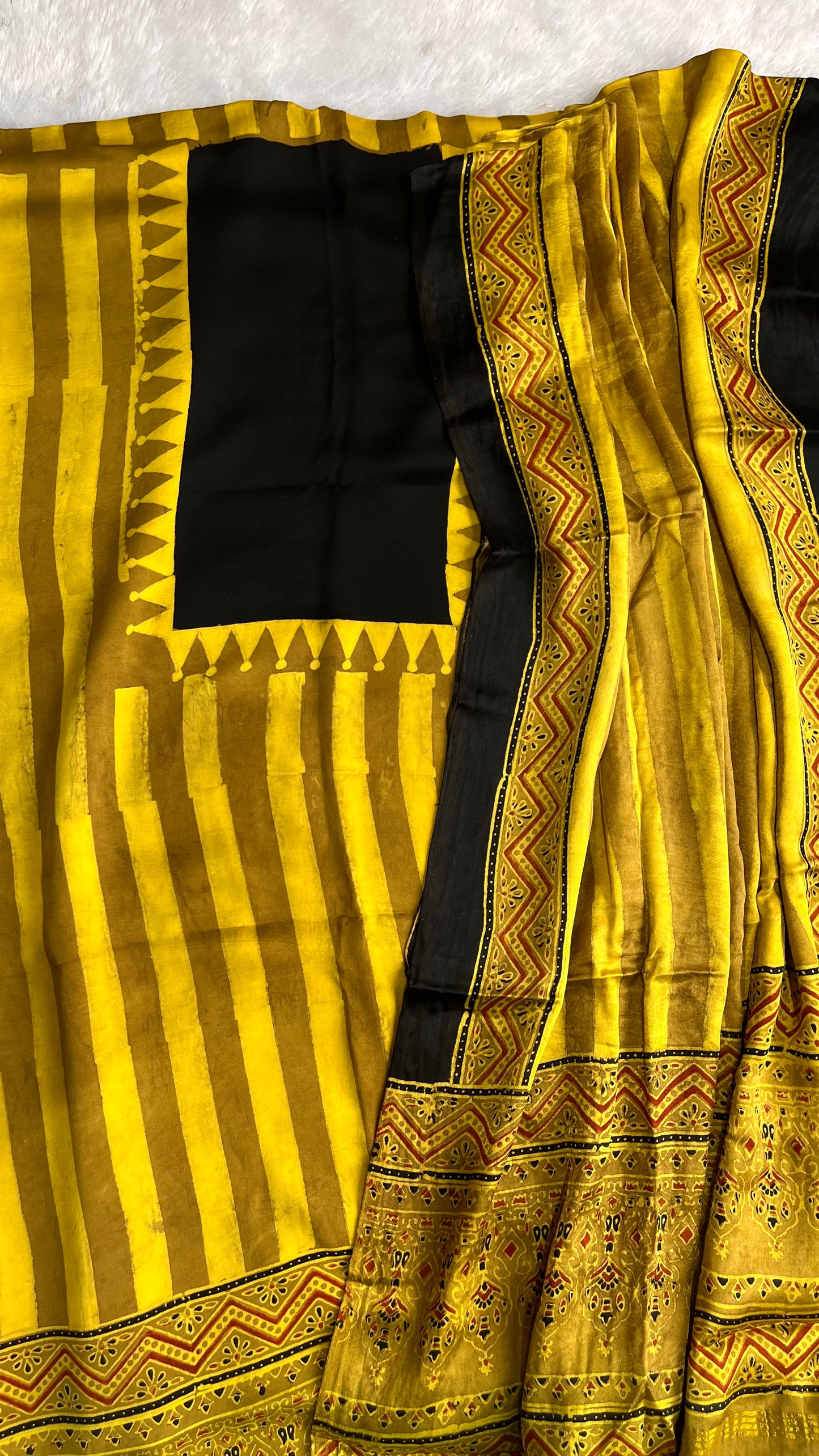Mustard and Black Stripes Motif Modal Silk Suit Set with Ajrakh Modal Silk Lagdi Patti Dupatta
