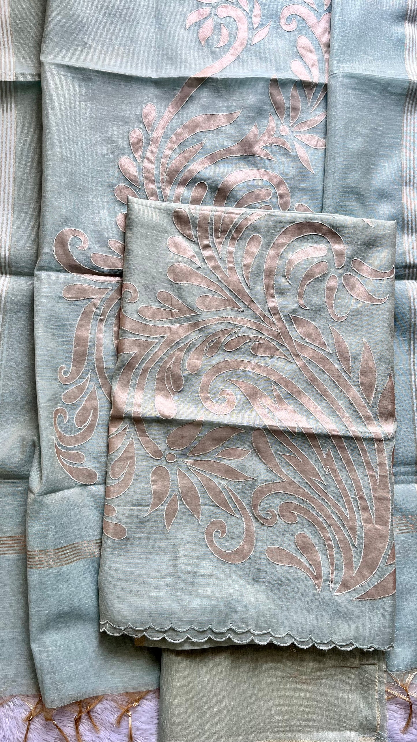 Aqua Blue Shade Banarasi Tissue Linen 3-Piece Suit with All over Applique Work on Daman and Dupatta