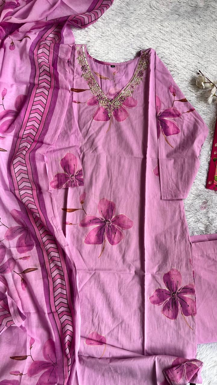 Lavender Floral Motif Pure Cotton Suit Set with Cotton Dupatta