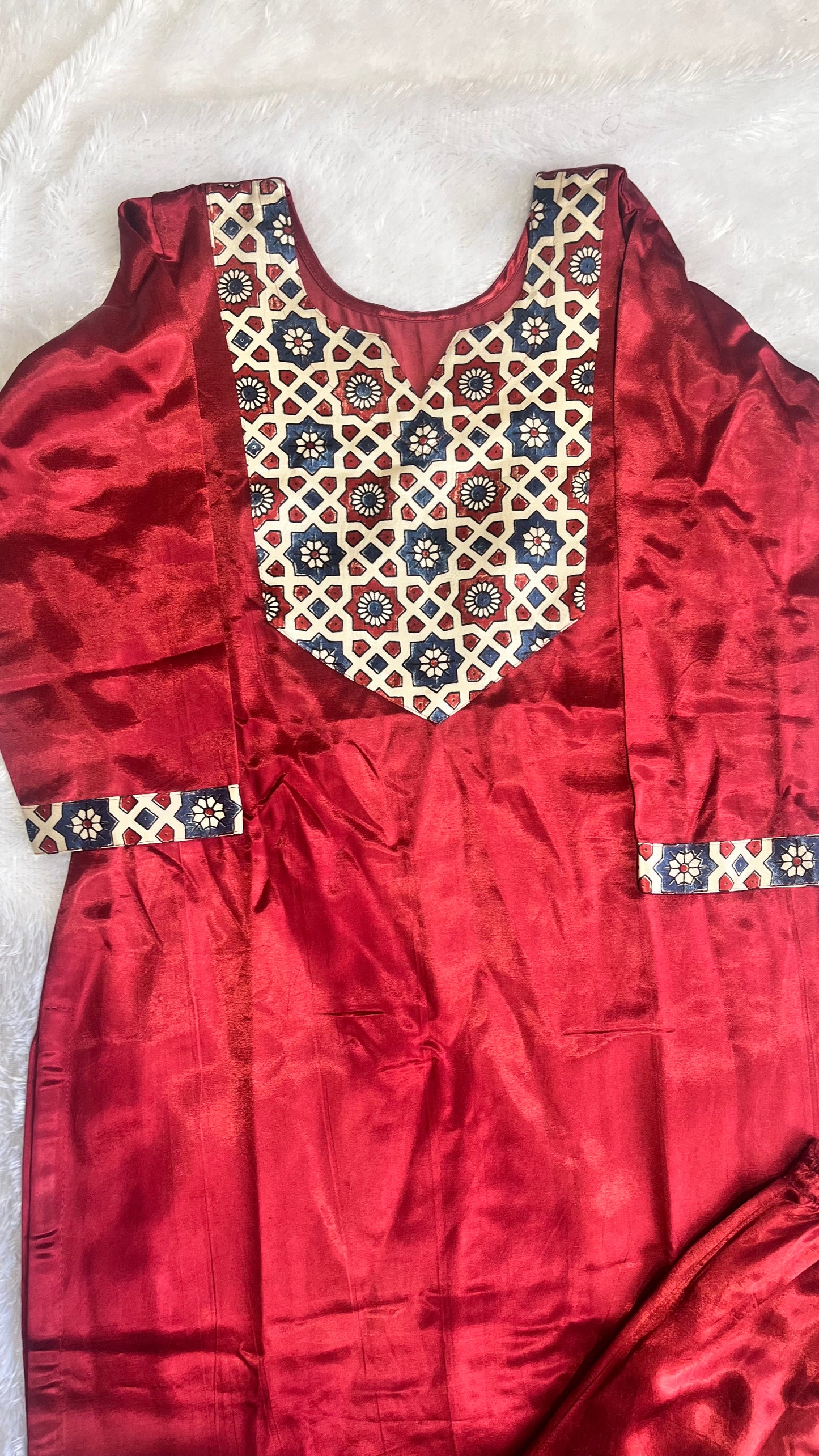Maroon Mashru Silk Ajrakh Hand Block Print Kurta Pant Set