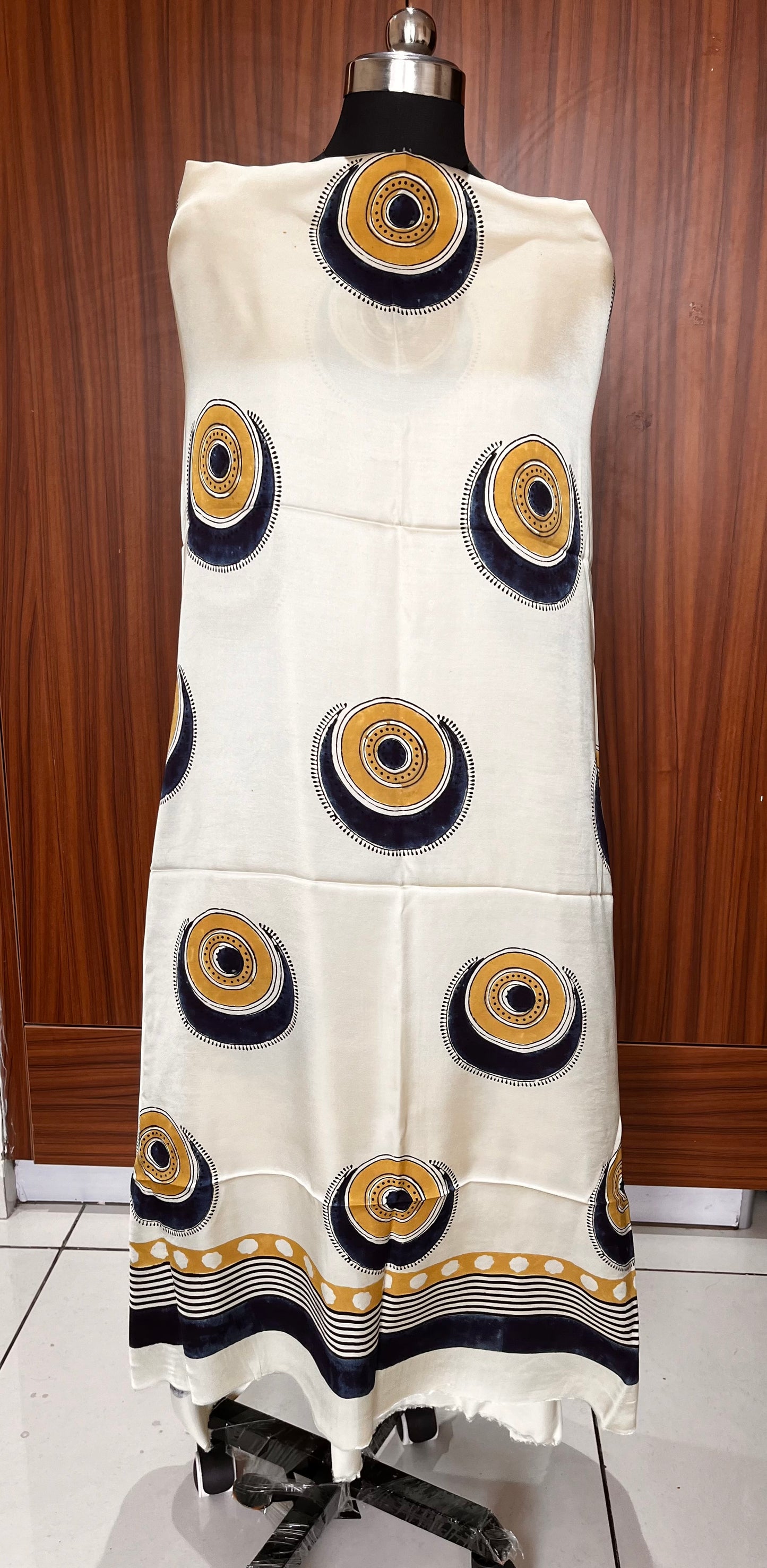 Off White Circle Buta Motif Modal Silk Ajrakh Hand Block Print Designer Unstitched Fabric (Kurta Only)