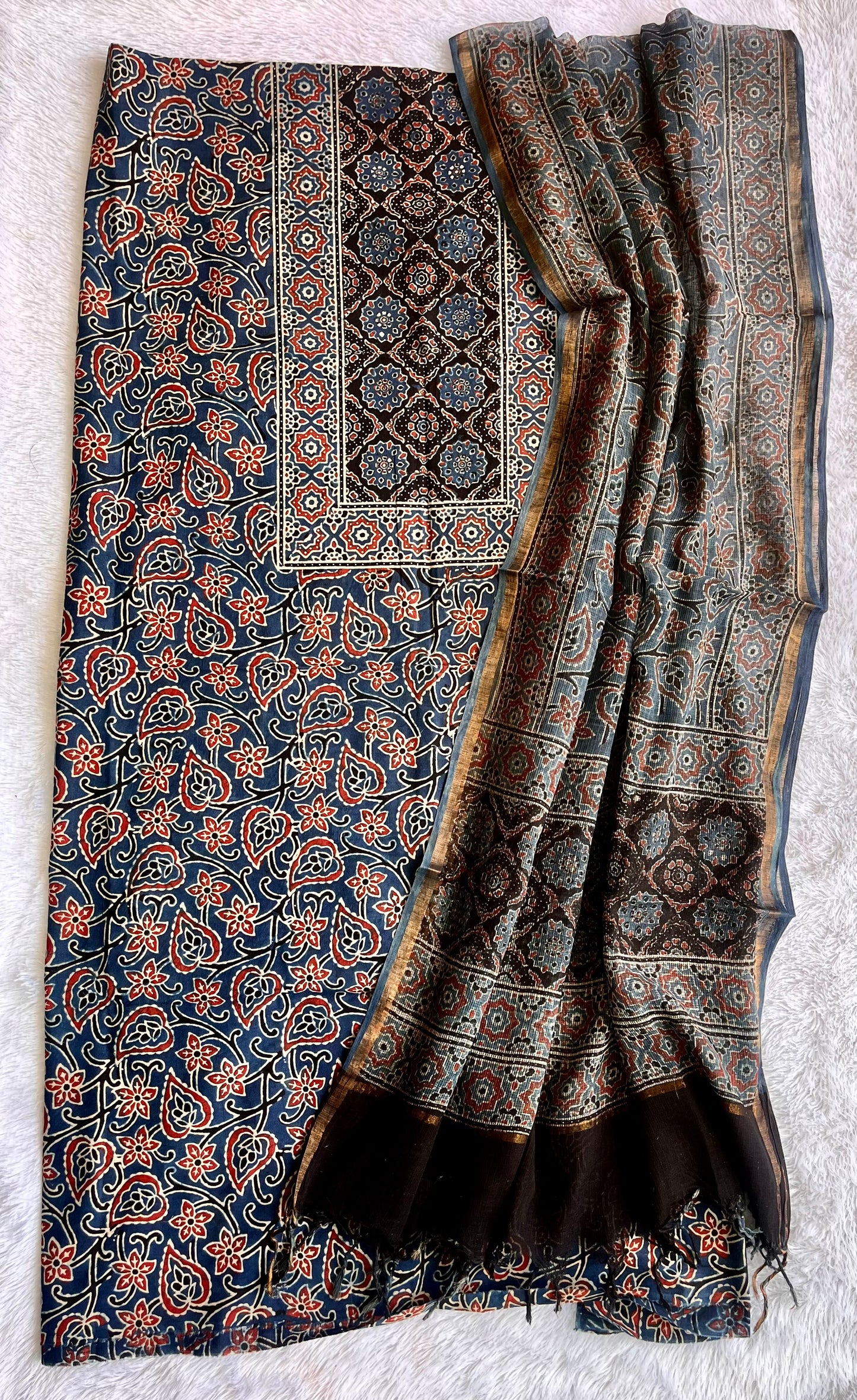 Blue Floral Pure Cotton Ajrakh Unstitched Suit Set with Ajrakh Kota Doria Dupatta