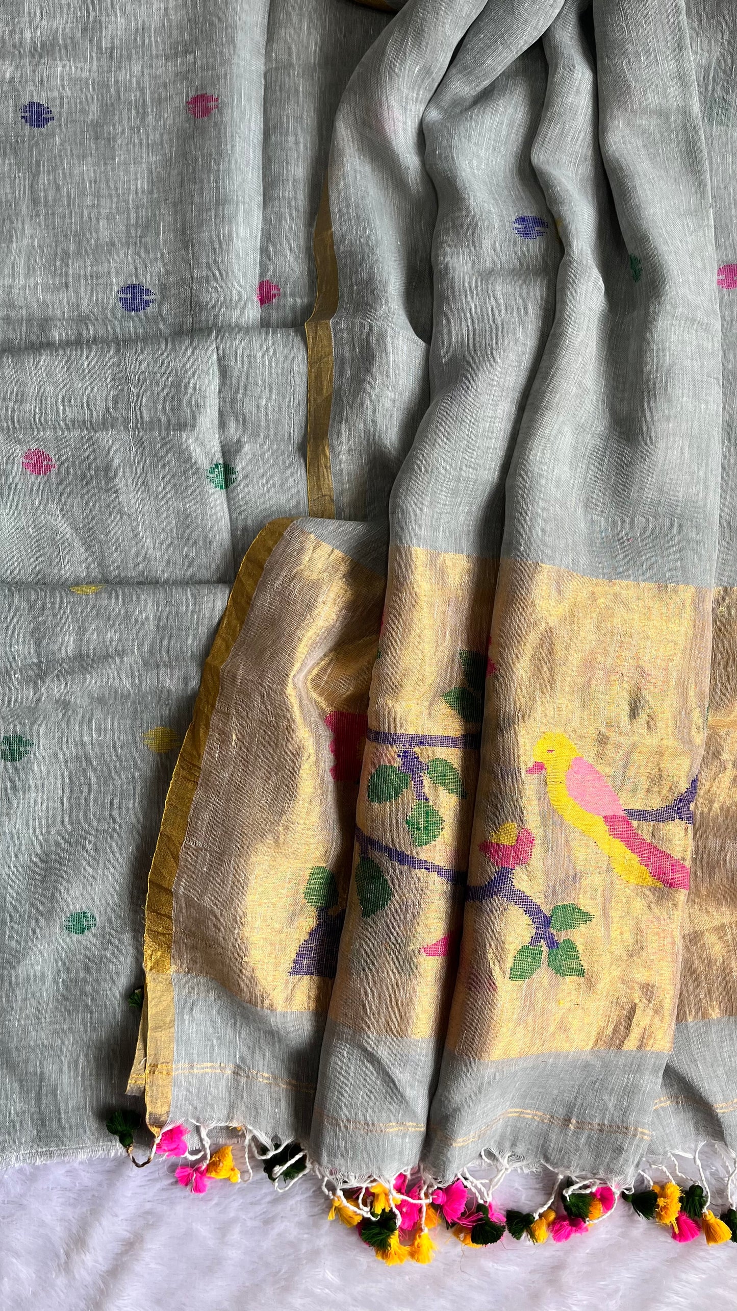 Gracious Grey Paithani Unstitched Pure Linen on Linen Hand Woven Daman 2 pc Suit Set