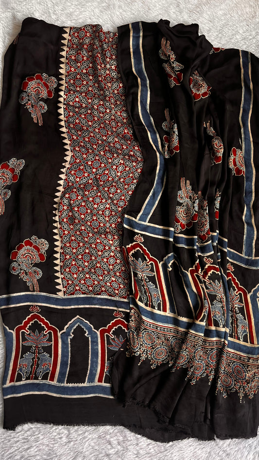 Black Jaal and Jahrokha Motif Pure Modal Silk Suit Set with Modal Silk Dupatta
